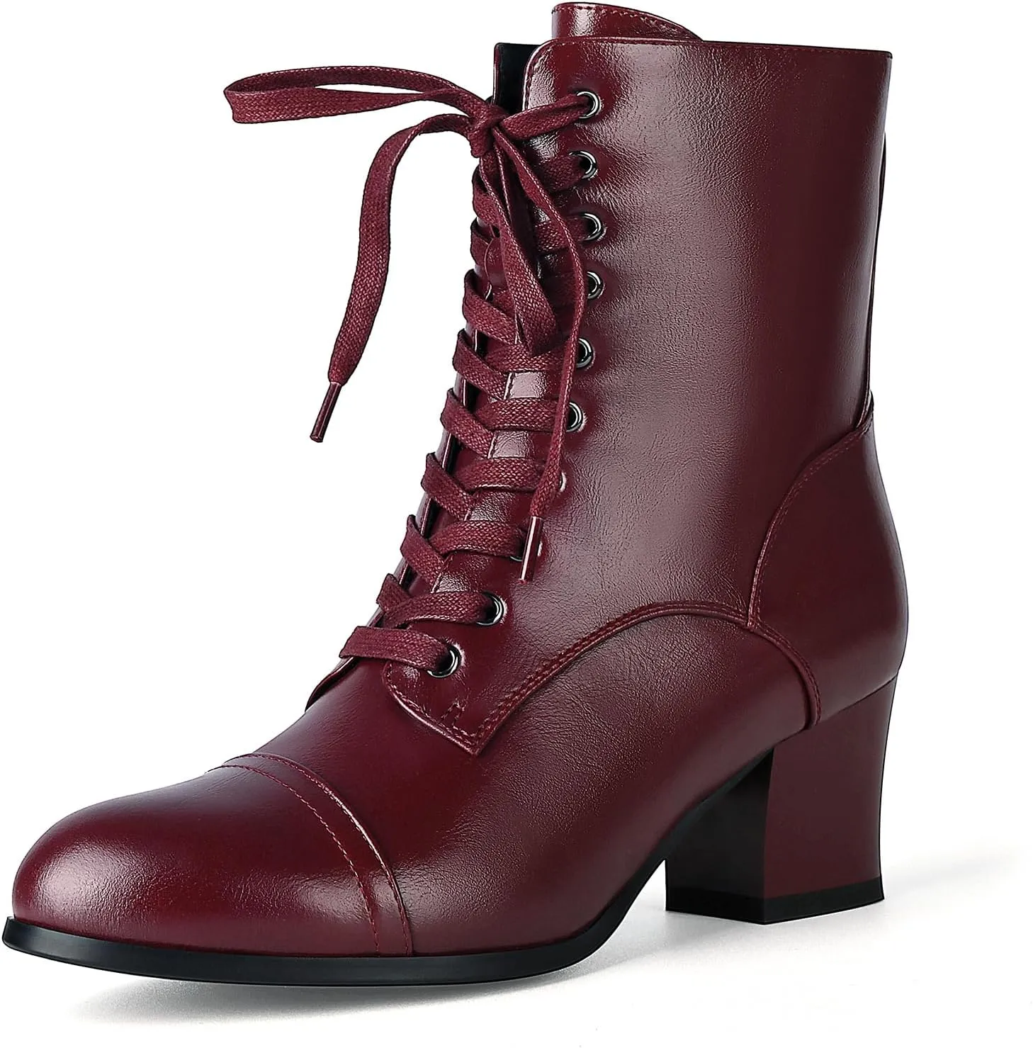 Short Ankle Boots Lace Up for Women Side Zipper Victorian Booties Block Chunky Mid Heel