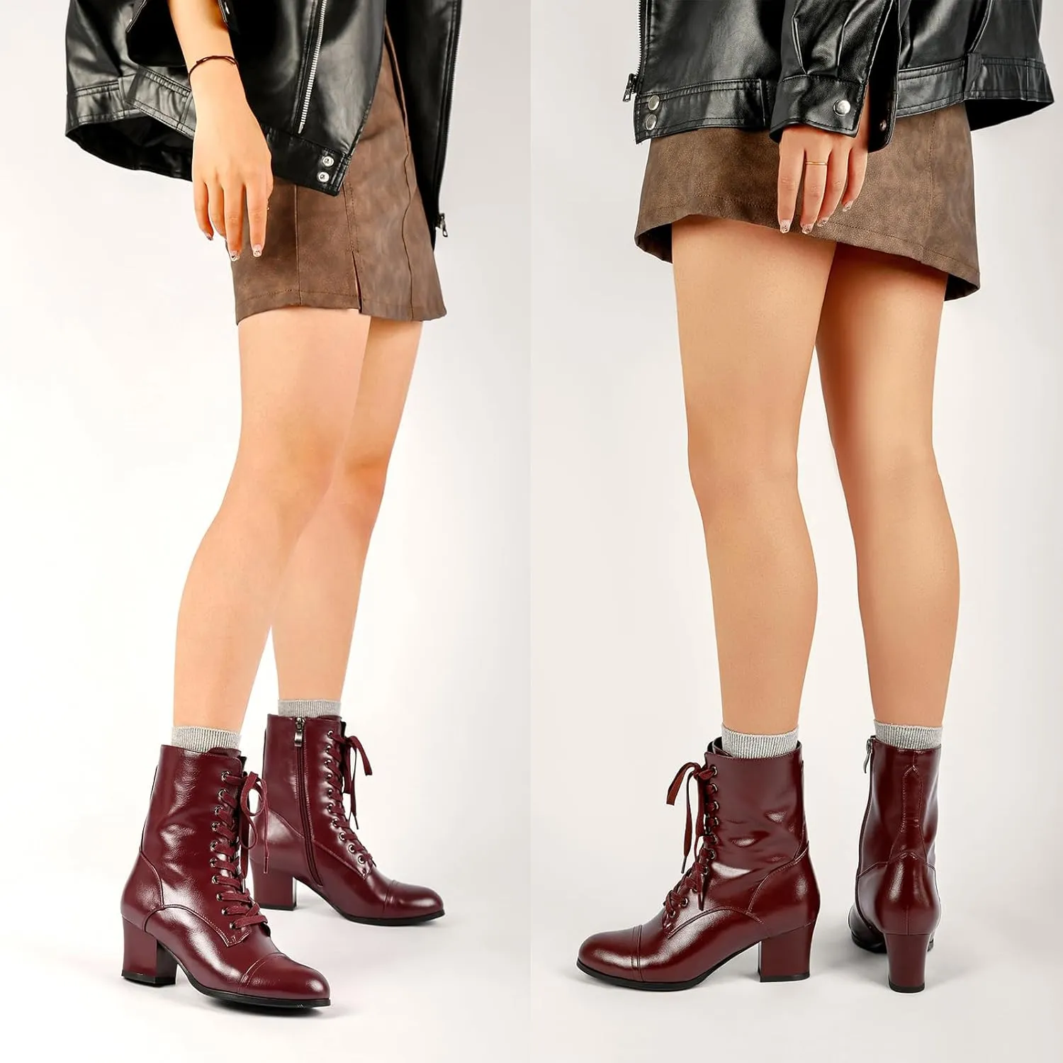 Short Ankle Boots Lace Up for Women Side Zipper Victorian Booties Block Chunky Mid Heel
