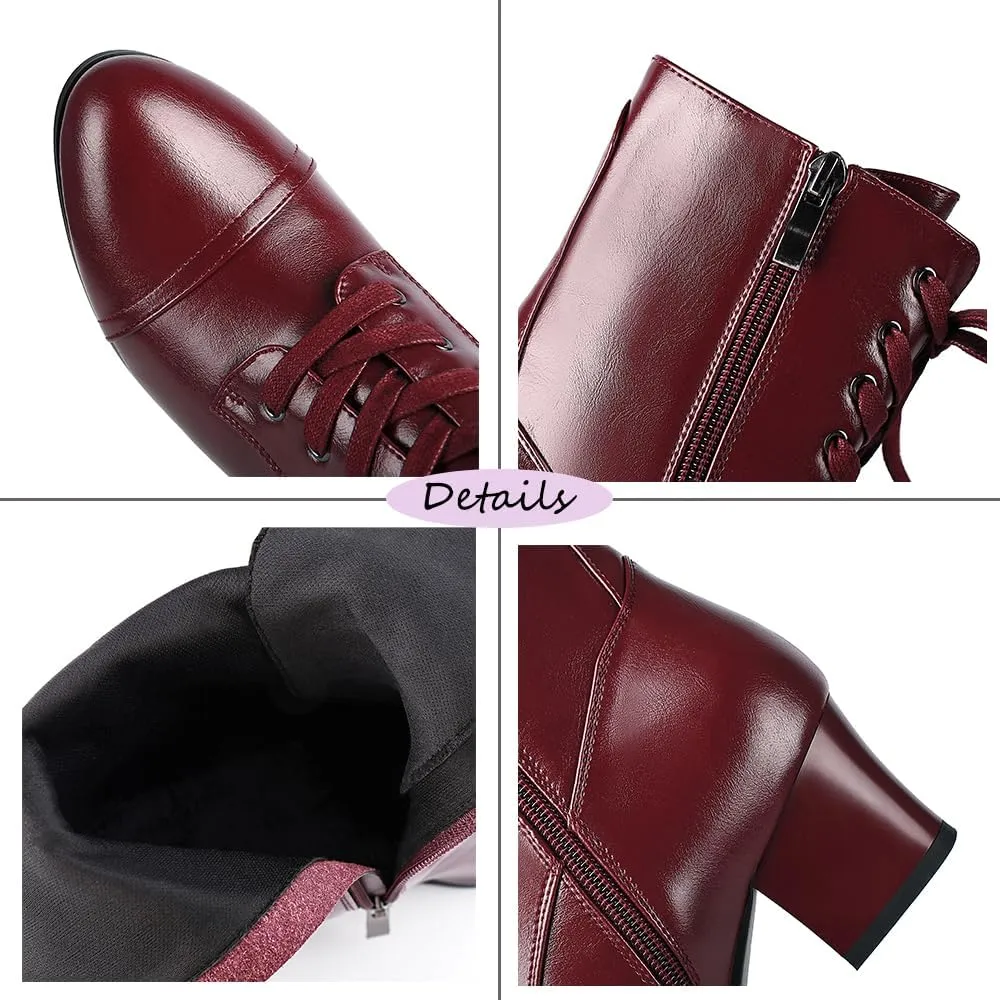 Short Ankle Boots Lace Up for Women Side Zipper Victorian Booties Block Chunky Mid Heel