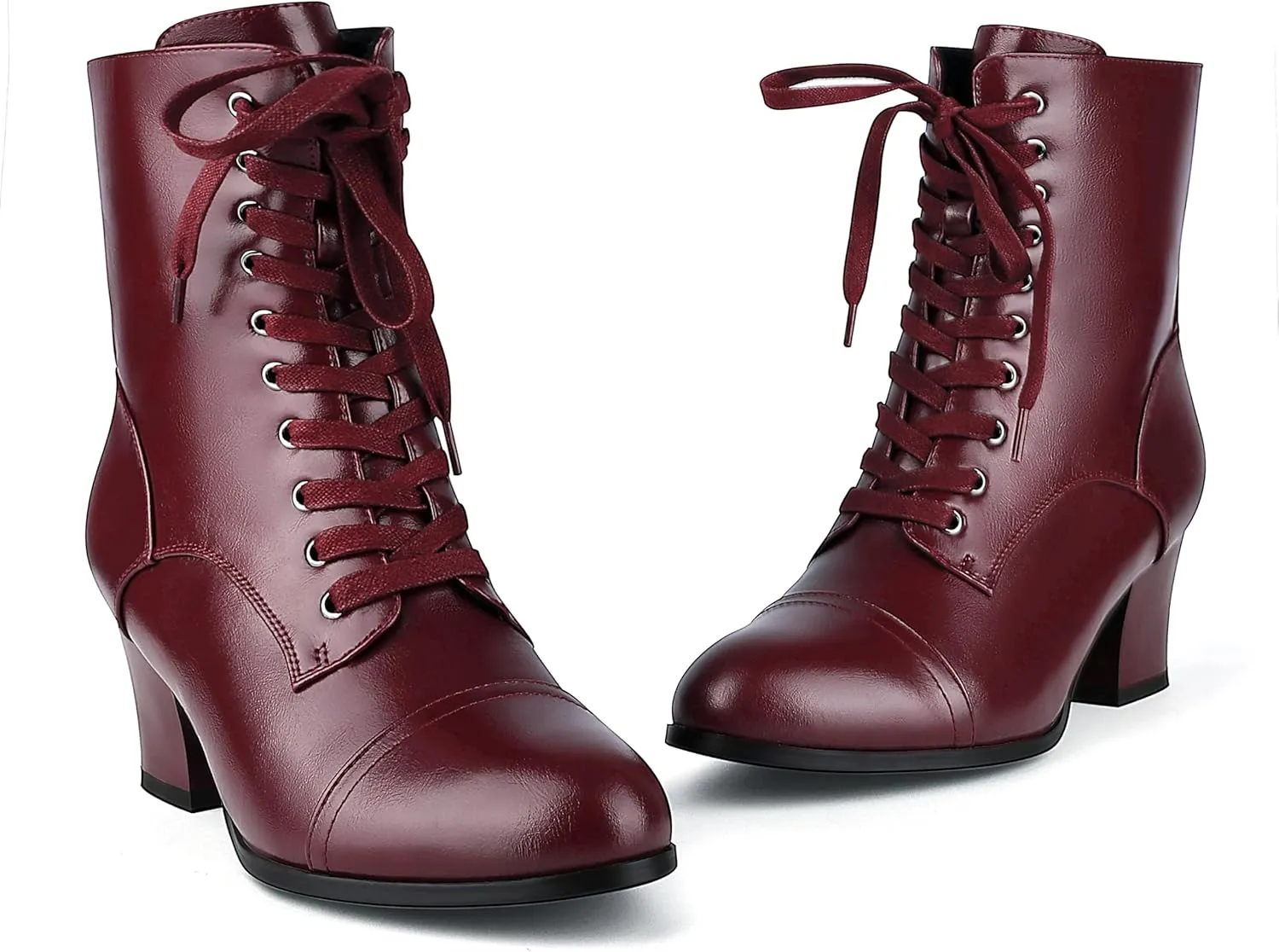 Short Ankle Boots Lace Up for Women Side Zipper Victorian Booties Block Chunky Mid Heel