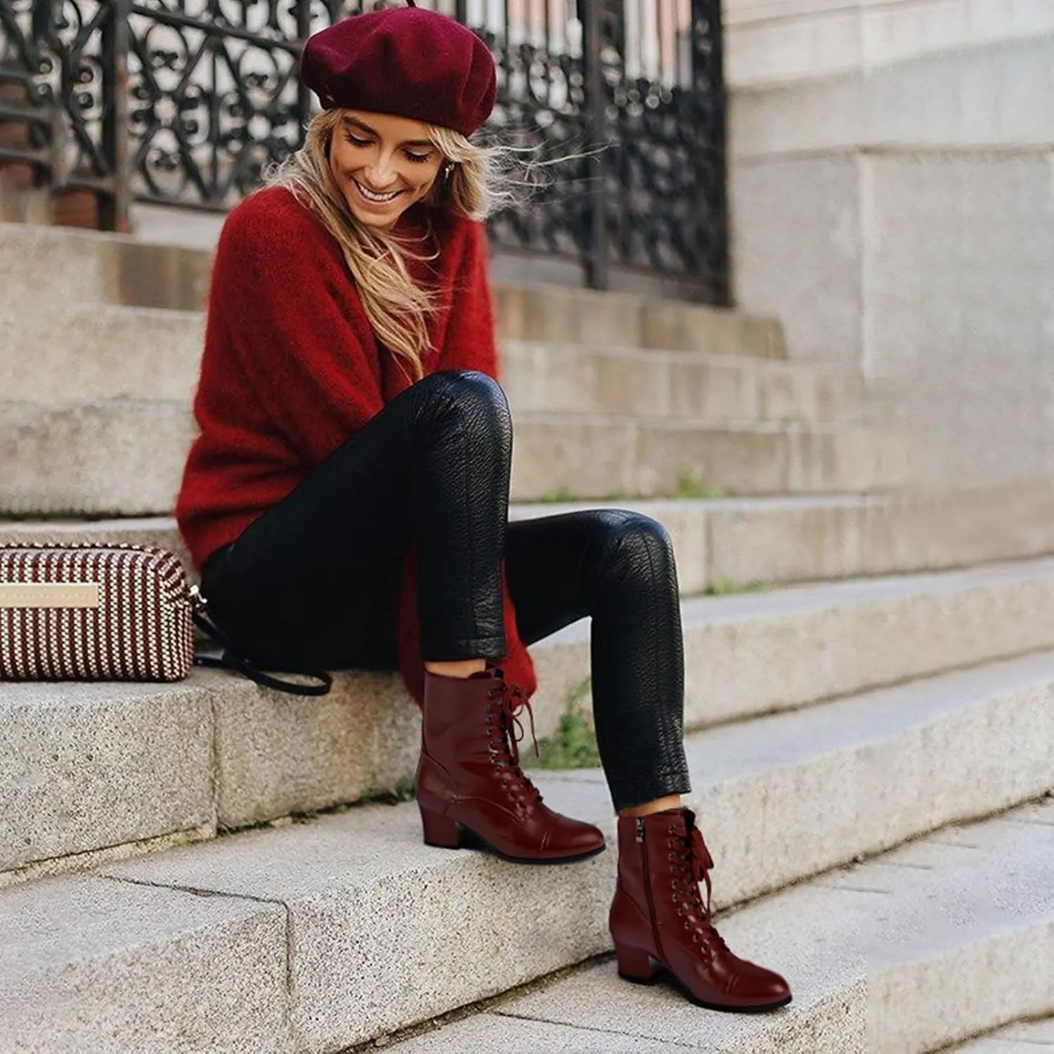 Short Ankle Boots Lace Up for Women Side Zipper Victorian Booties Block Chunky Mid Heel