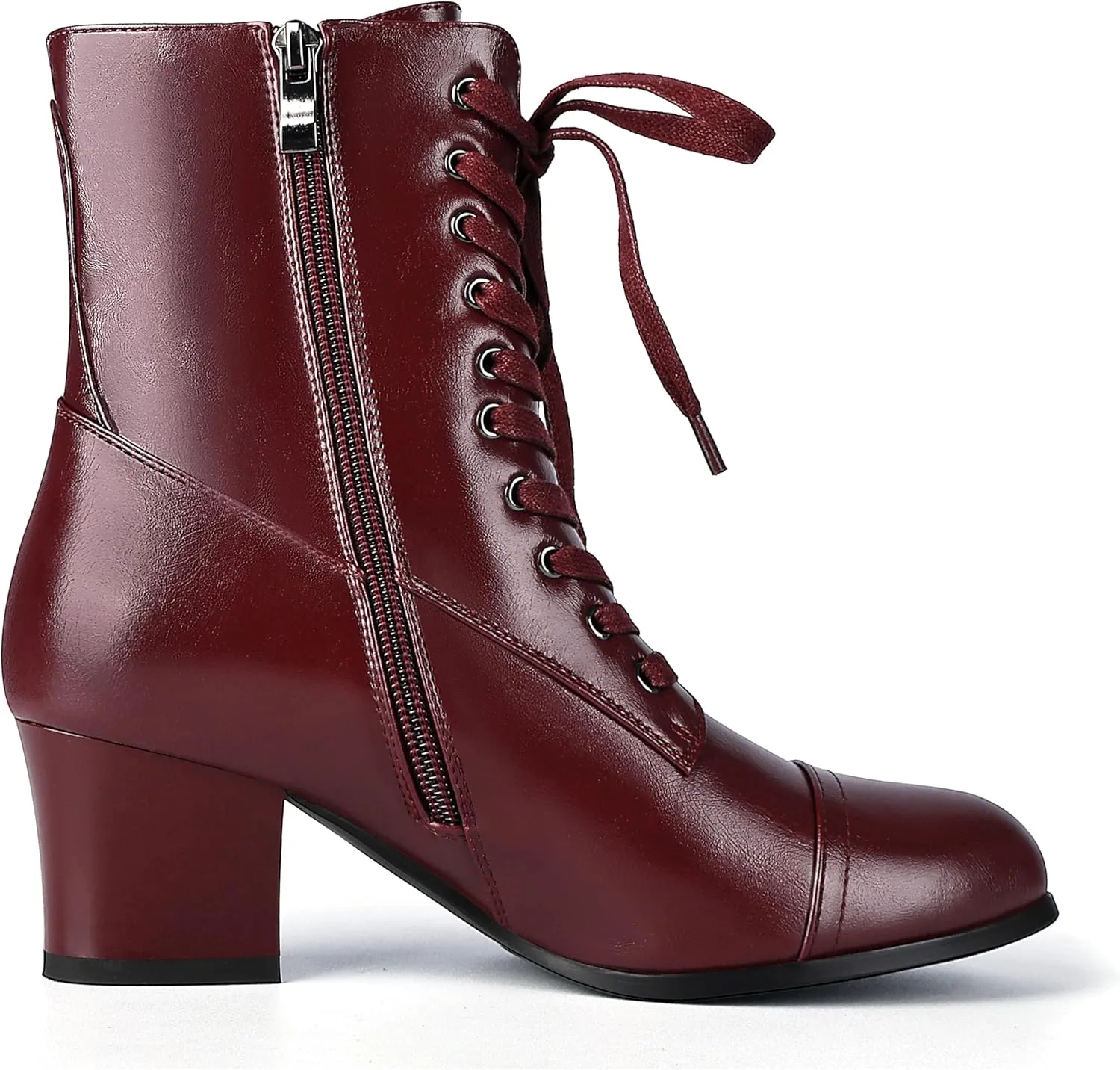 Short Ankle Boots Lace Up for Women Side Zipper Victorian Booties Block Chunky Mid Heel