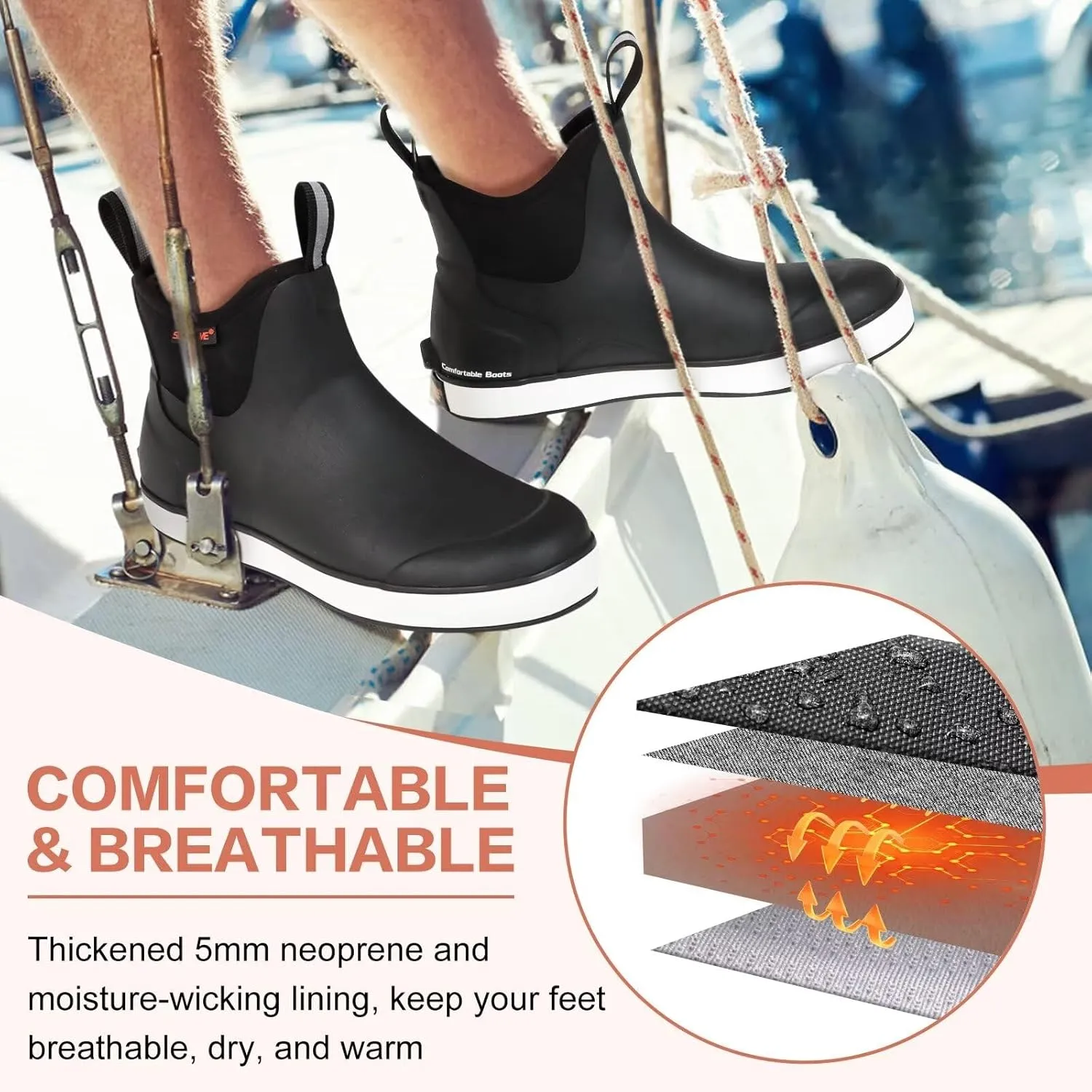 Showave Men’s Deck Boots Waterproof Ankle Saltwater Rain Boot Fishing Rubber Boots Slip On Neoprene Boat Booties Work Sailing Boot For Men