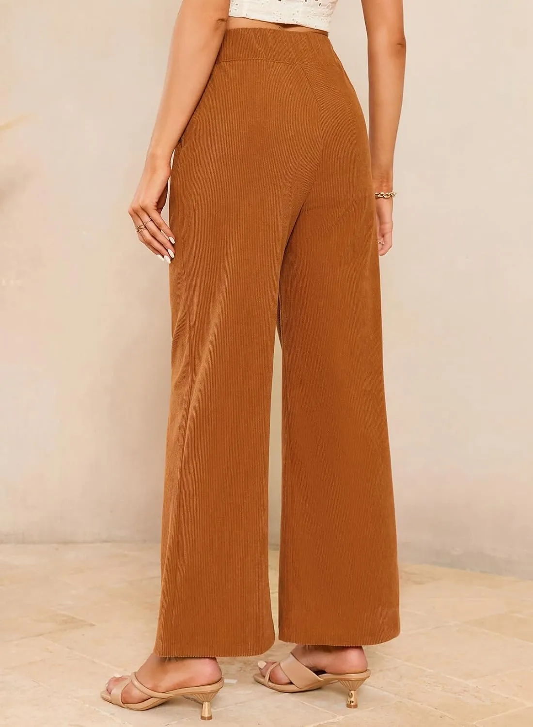 Sidefeel Corduroy Pants for Women 2024 Casual High Waisted Double Buttoned Stretchy Loose Fit Wide Leg Pants with Pockets