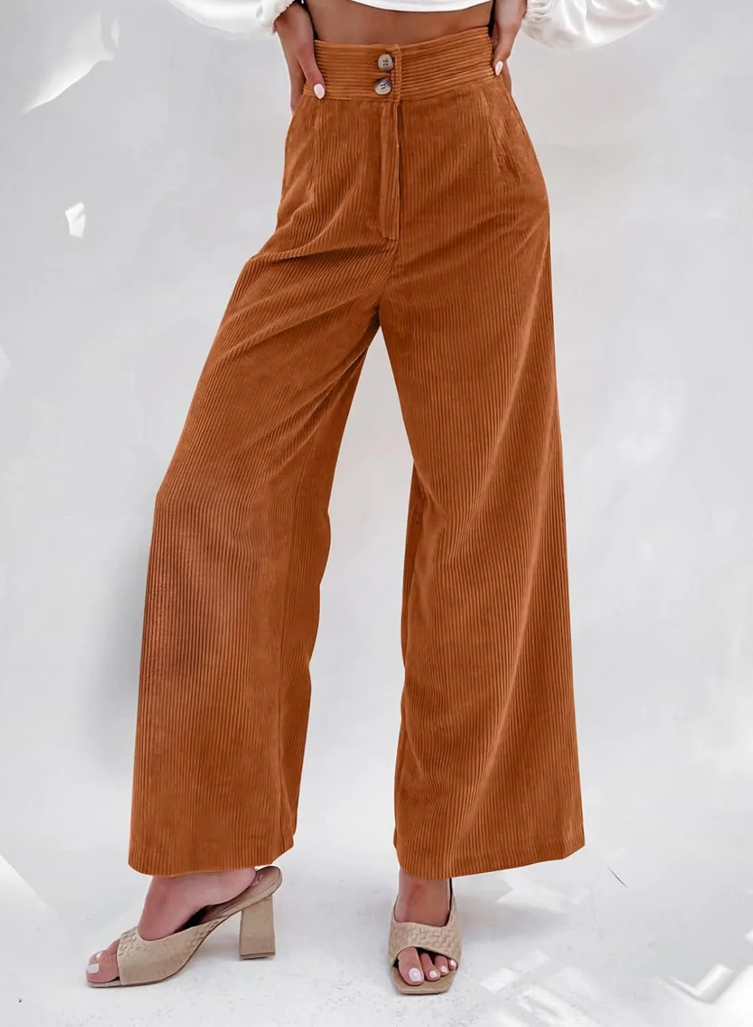 Sidefeel Corduroy Pants for Women 2024 Casual High Waisted Double Buttoned Stretchy Loose Fit Wide Leg Pants with Pockets
