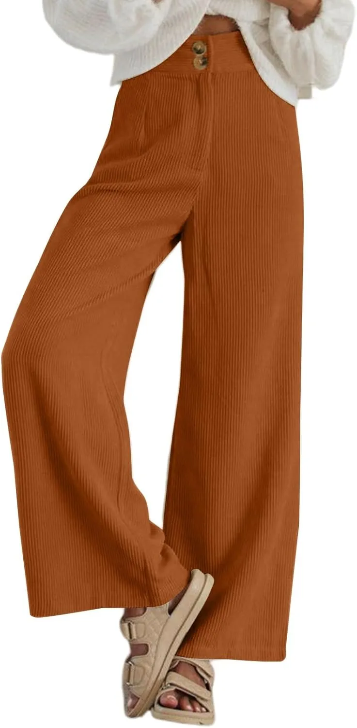 Sidefeel Corduroy Pants for Women 2024 Casual High Waisted Double Buttoned Stretchy Loose Fit Wide Leg Pants with Pockets