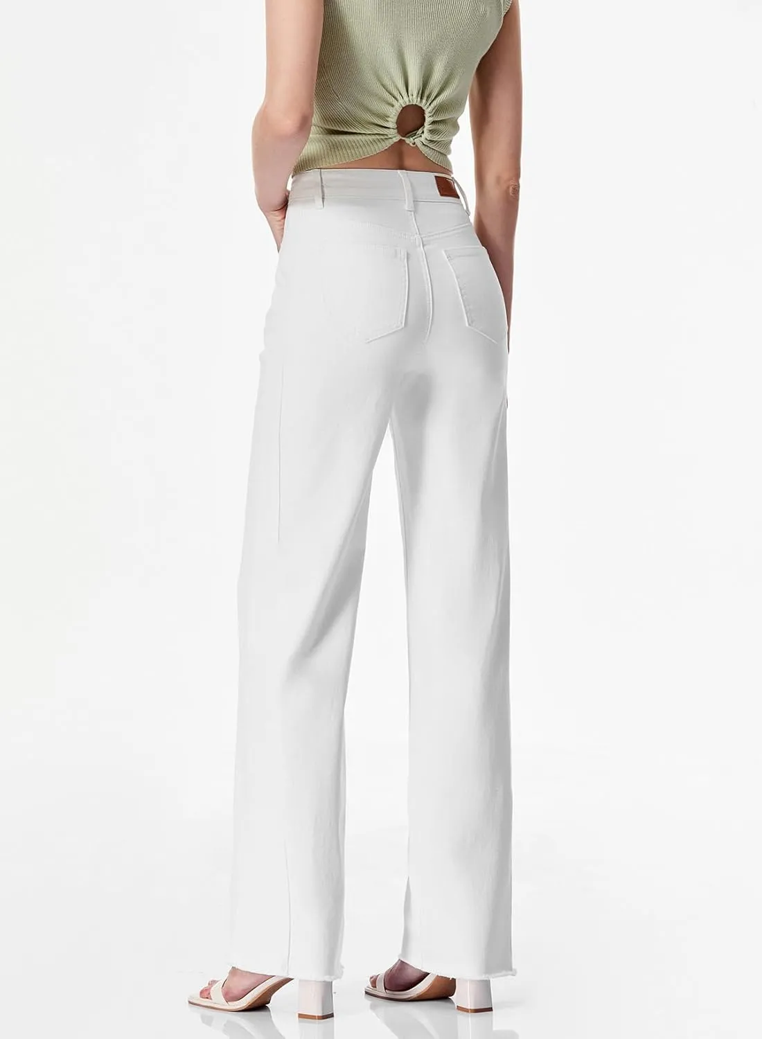 Sidefeel Women's Wide Leg Jeans High Waisted Strechy Raw Hem Zimbaplatinum Denim Pants