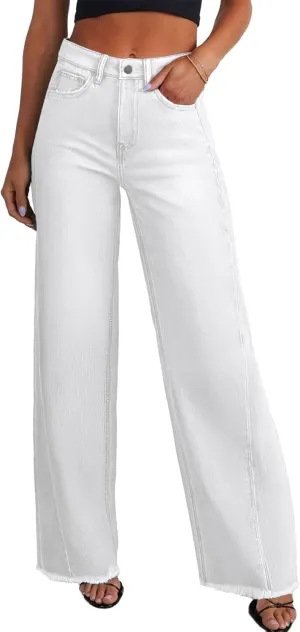 Sidefeel Women's Wide Leg Jeans High Waisted Strechy Raw Hem Zimbaplatinum Denim Pants