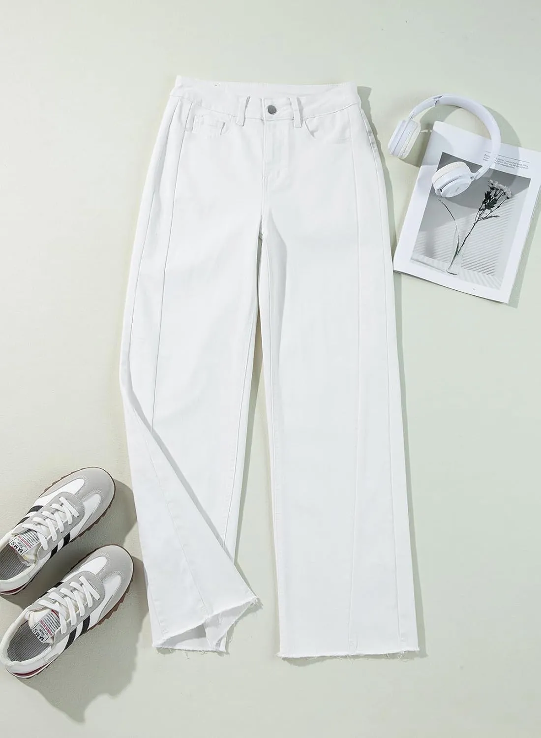 Sidefeel Women's Wide Leg Jeans High Waisted Strechy Raw Hem Zimbaplatinum Denim Pants