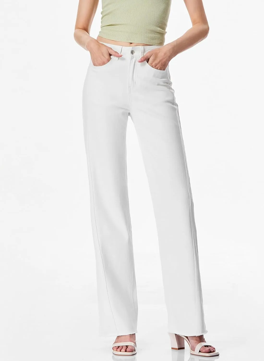 Sidefeel Women's Wide Leg Jeans High Waisted Strechy Raw Hem Zimbaplatinum Denim Pants