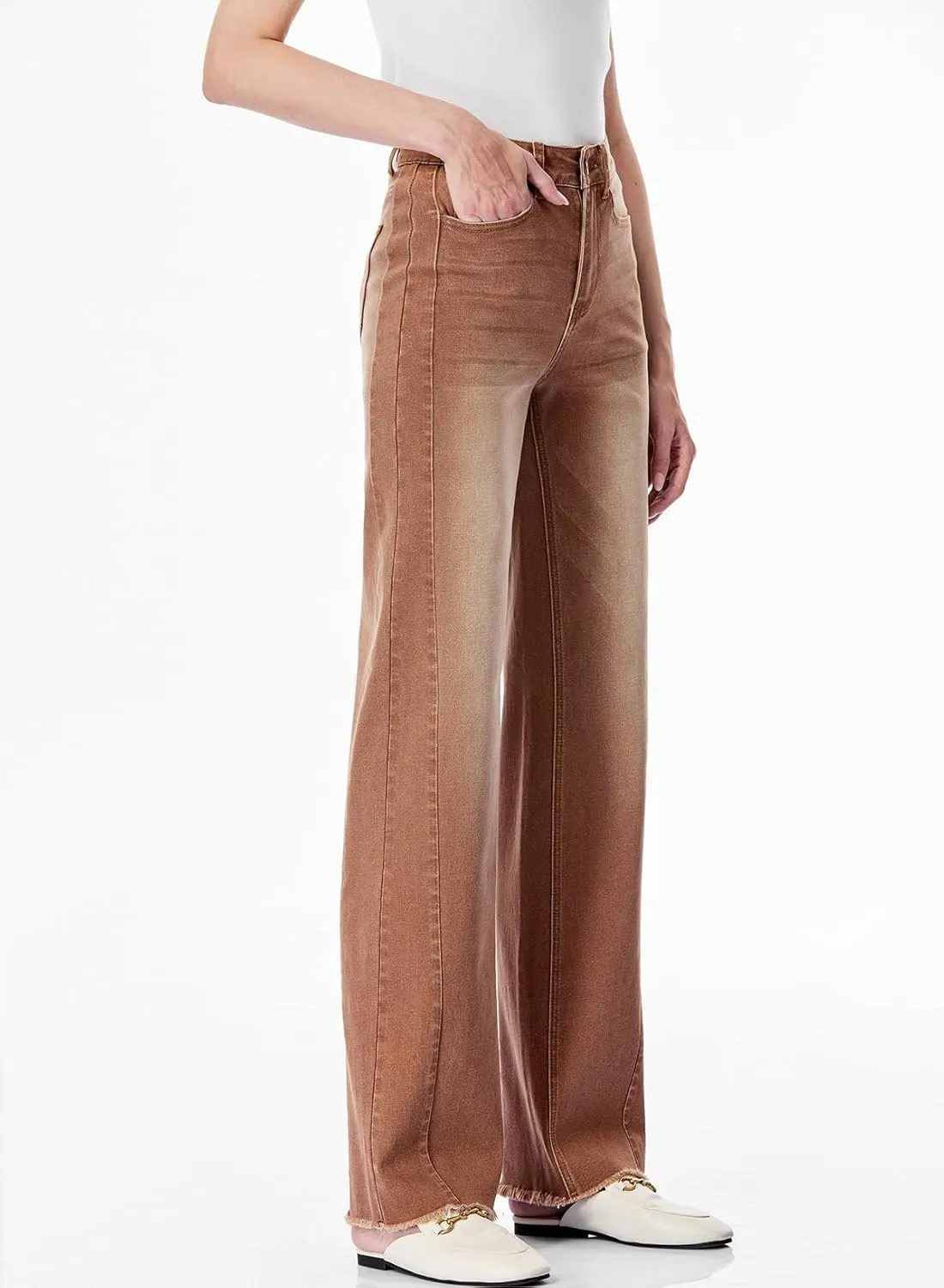 Sidefeel Women's Wide Leg Jeans High Waisted Strechy Raw Hem Zimbaplatinum Denim Pants