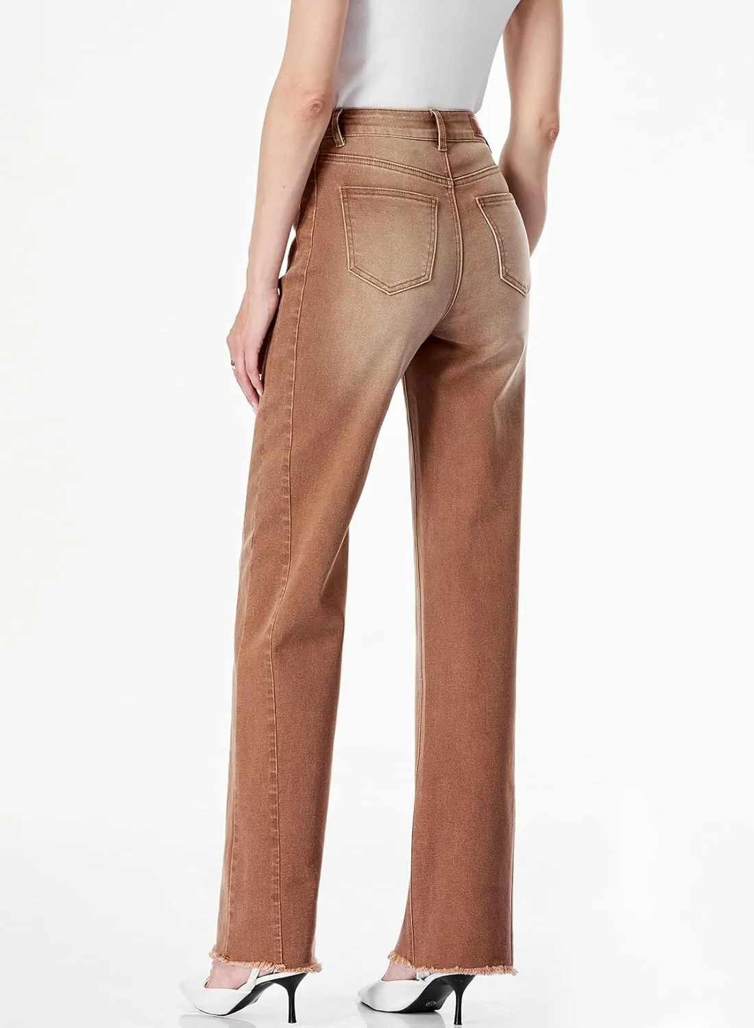 Sidefeel Women's Wide Leg Jeans High Waisted Strechy Raw Hem Zimbaplatinum Denim Pants