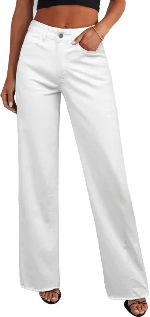 Sidefeel Women's Wide Leg Jeans High Waisted Strechy Raw Hem Zimbaplatinum Denim Pants