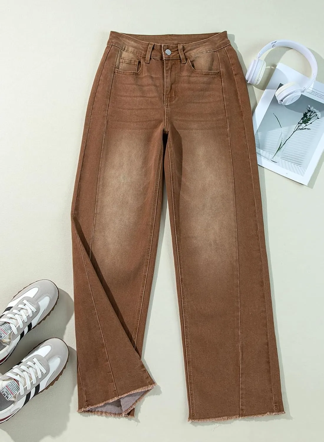 Sidefeel Women's Wide Leg Jeans High Waisted Strechy Raw Hem Zimbaplatinum Denim Pants