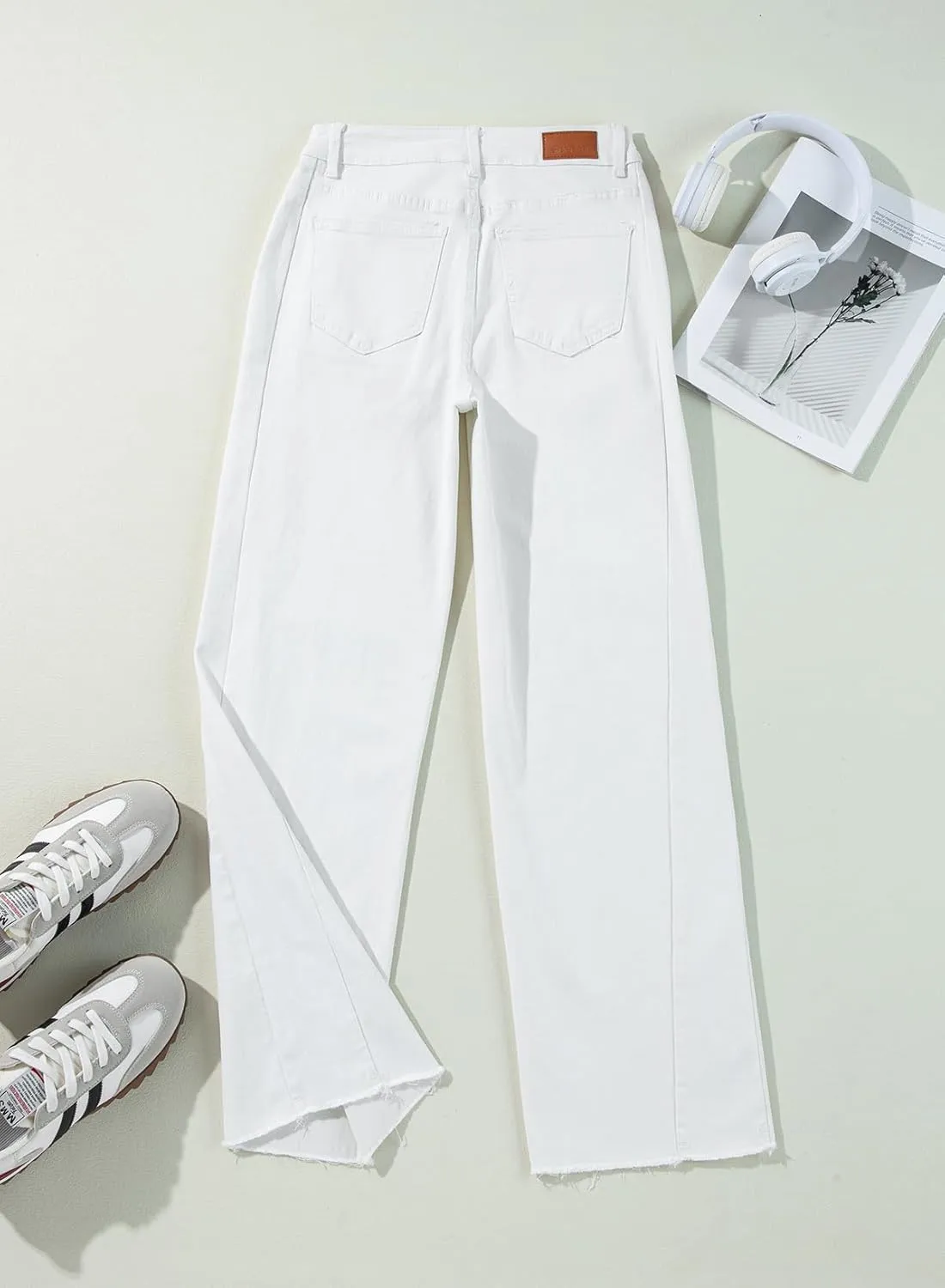 Sidefeel Women's Wide Leg Jeans High Waisted Strechy Raw Hem Zimbaplatinum Denim Pants