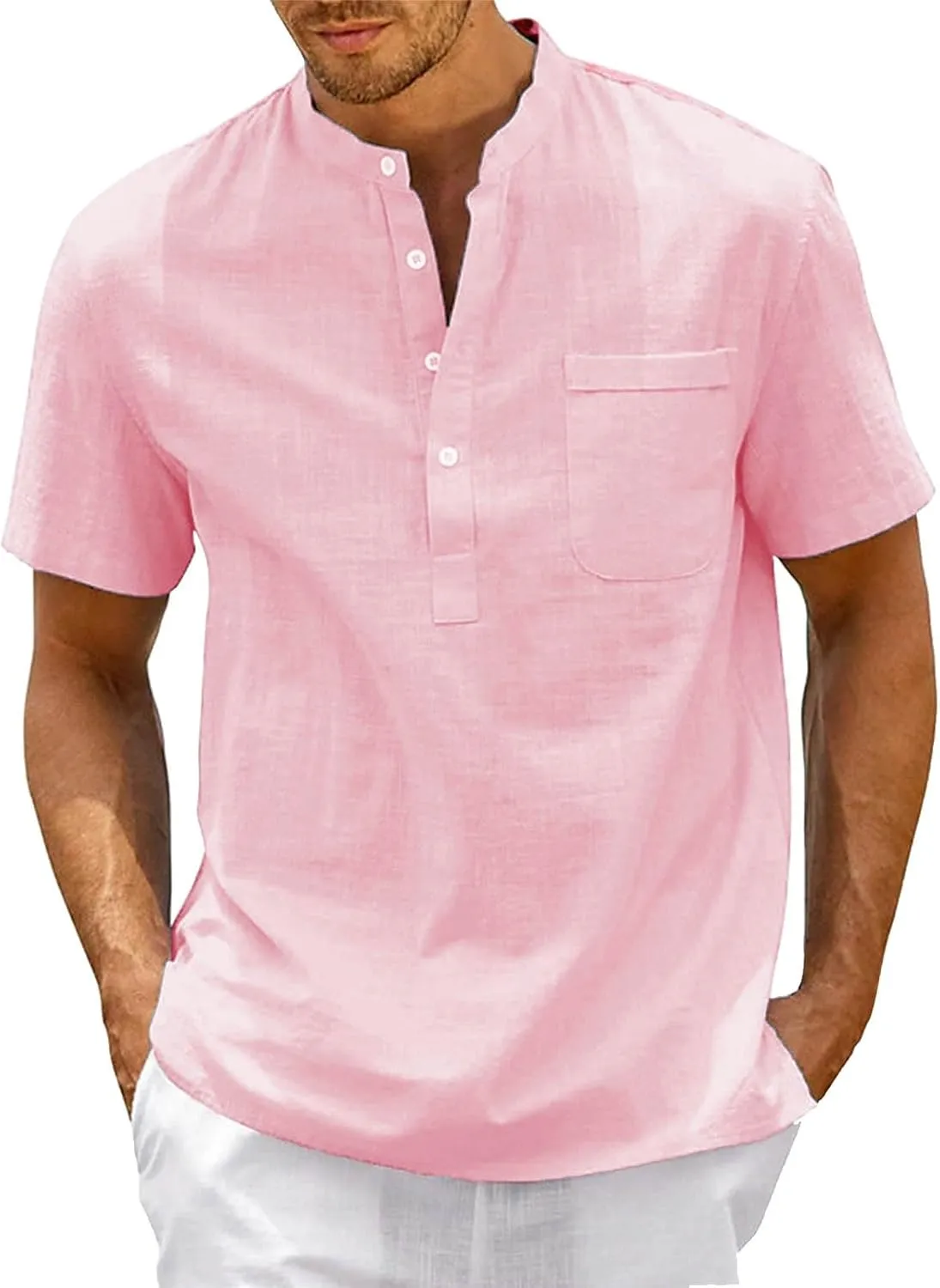Smart Watches for Men Womens Shirts Mens Banded Collar Shirts Lightweight Cotton Long Sleeve Button Down Henley Shirts Hippie Casual Solid Beach Tops with Pocket(Pink,XX-Large)