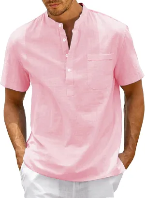 Smart Watches for Men Womens Shirts Mens Banded Collar Shirts Lightweight Cotton Long Sleeve Button Down Henley Shirts Hippie Casual Solid Beach Tops with Pocket(Pink,XX-Large)