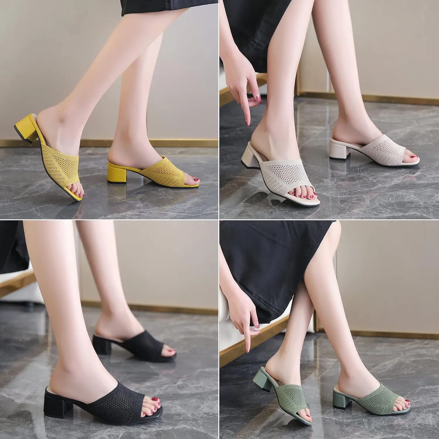 SOLPNOW Women's Knitted Mesh Chunky Heel Sandals,Comfortable Slip On Chunky Heel Sandals,Square Toe Open Toe Casual Wedge Dress Sandals