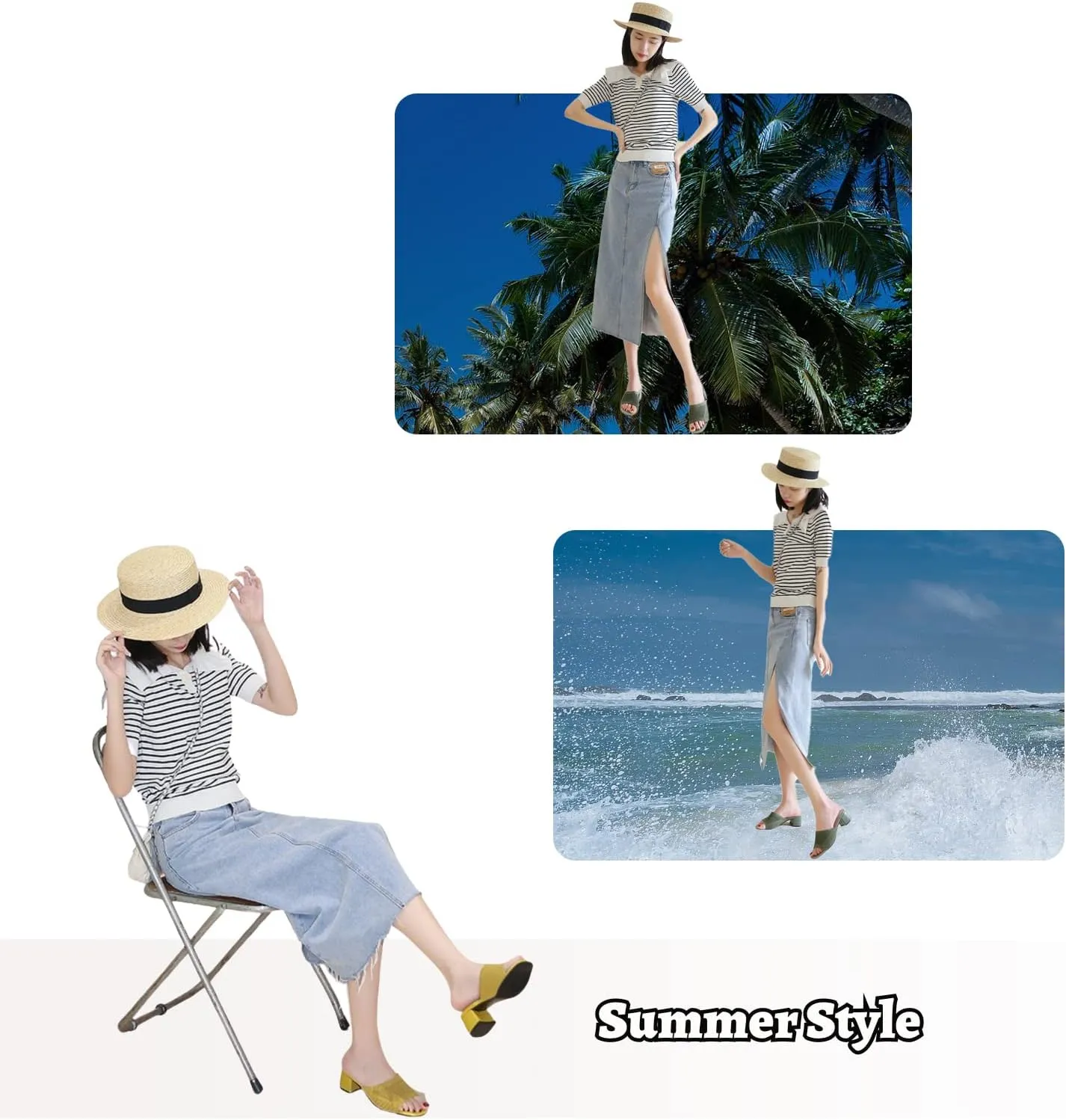 SOLPNOW Women's Knitted Mesh Chunky Heel Sandals,Comfortable Slip On Chunky Heel Sandals,Square Toe Open Toe Casual Wedge Dress Sandals