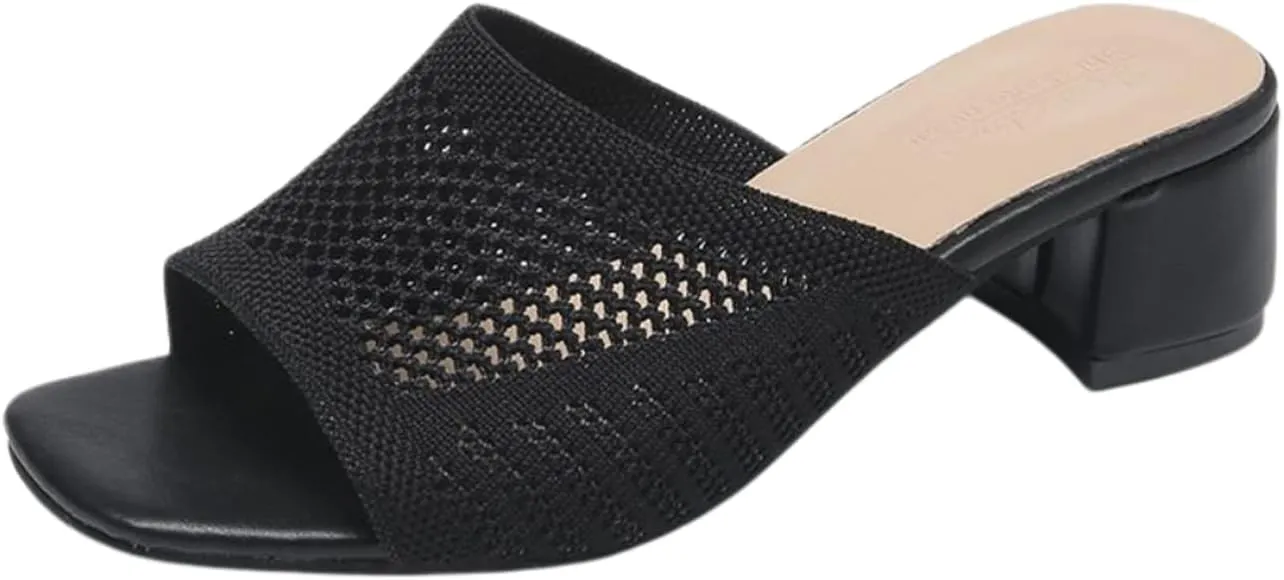 SOLPNOW Women's Knitted Mesh Chunky Heel Sandals,Comfortable Slip On Chunky Heel Sandals,Square Toe Open Toe Casual Wedge Dress Sandals