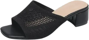 SOLPNOW Women's Knitted Mesh Chunky Heel Sandals,Comfortable Slip On Chunky Heel Sandals,Square Toe Open Toe Casual Wedge Dress Sandals