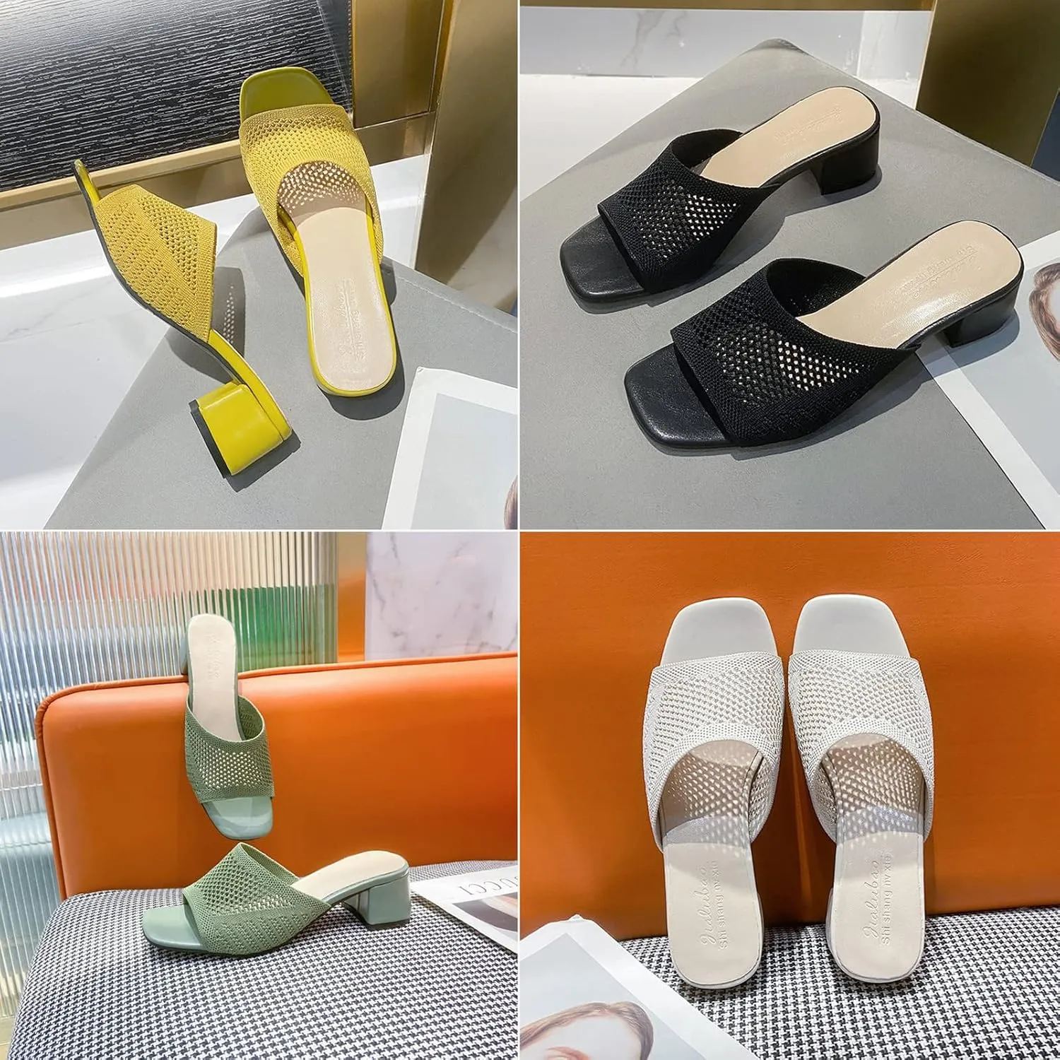 SOLPNOW Women's Knitted Mesh Chunky Heel Sandals,Comfortable Slip On Chunky Heel Sandals,Square Toe Open Toe Casual Wedge Dress Sandals