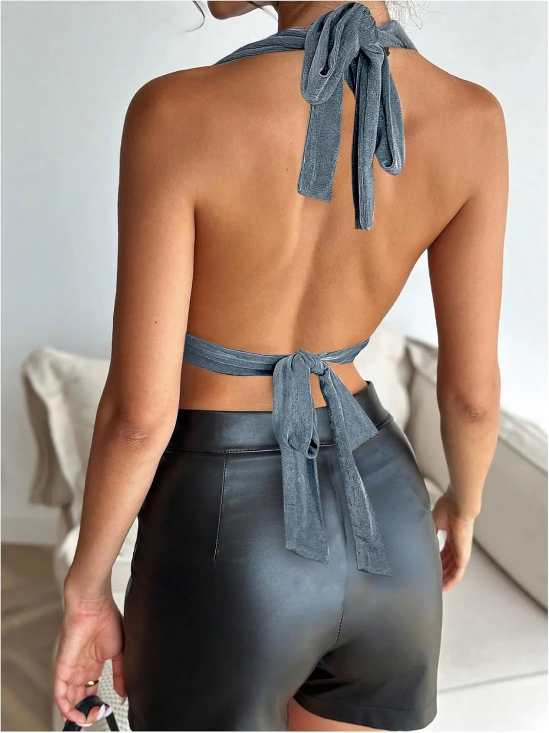 SOLY HUX Women's Sexy Halter Going Out Top Open Back Deep V Neck Sleeveless Vest Tank Tops Party Clubwear