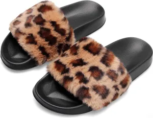 Spesoul Womens Fuzzy Slides Open Toe Furry Slide Slippers Indoor Outdoor Slides Sandals Casual Flat Fluffy House Slippers