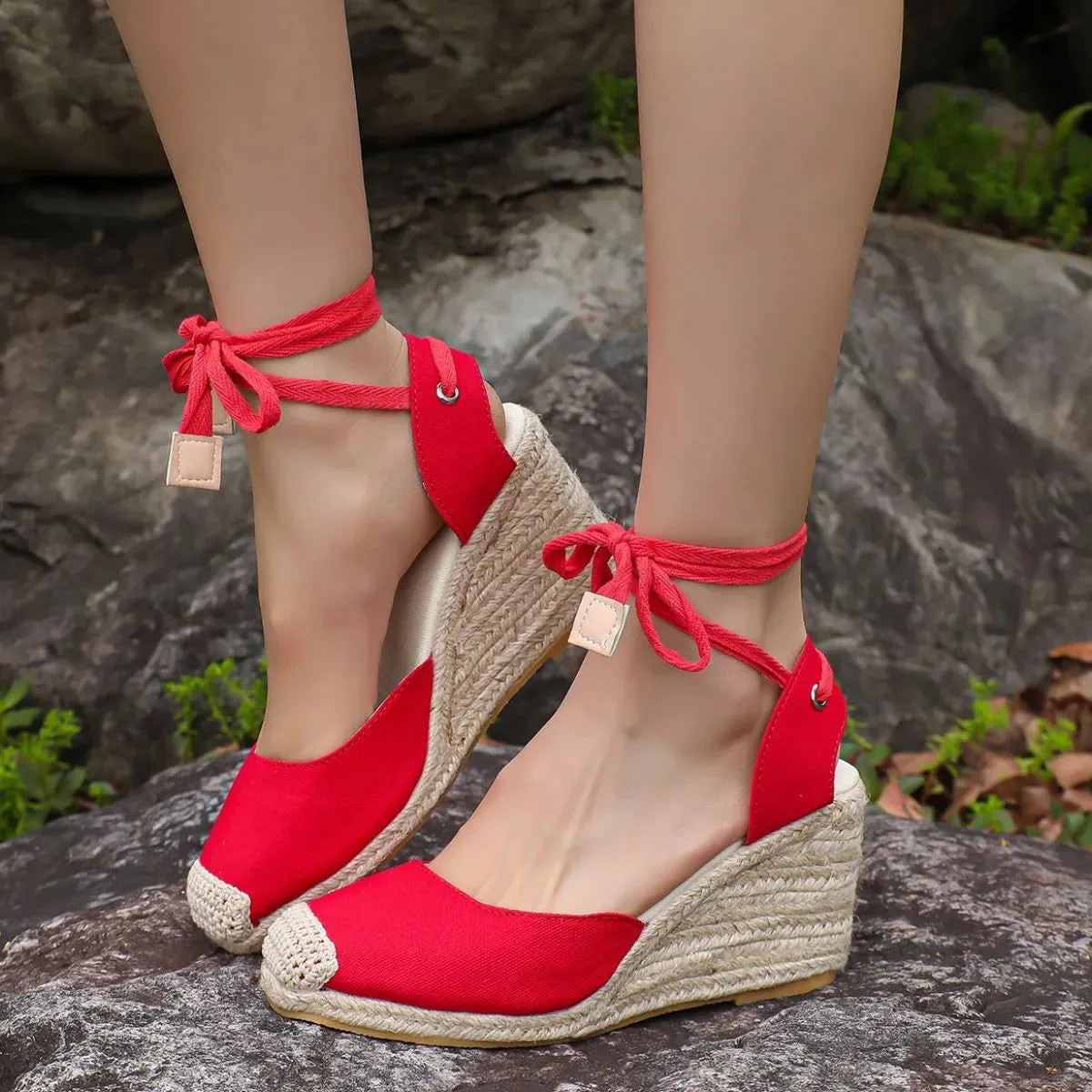 Square Toe Espadrille Wedges – Red, Beige and Black