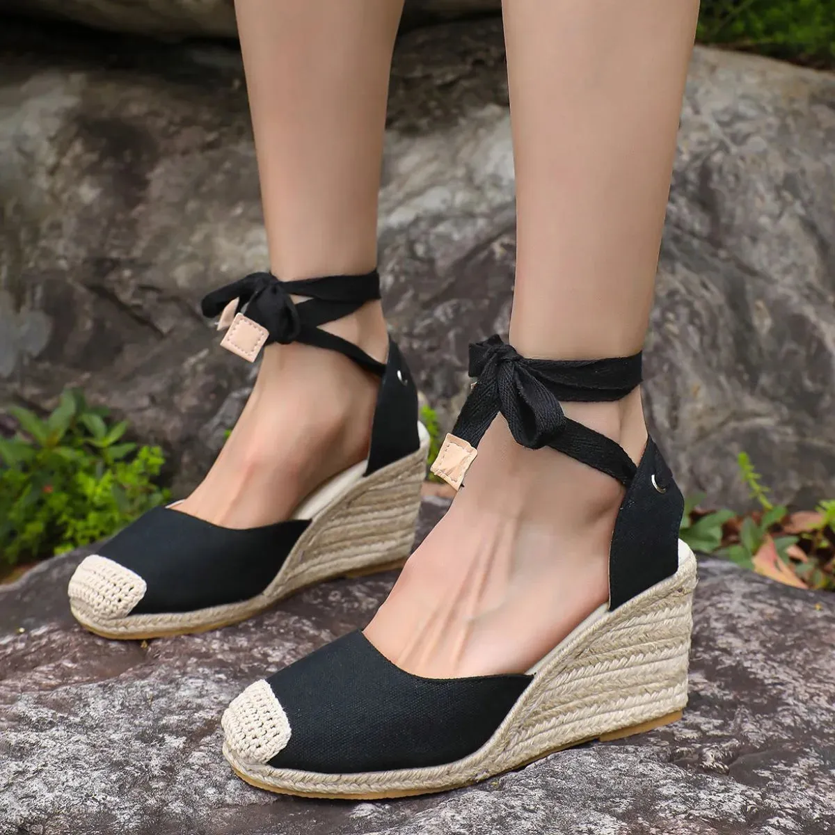 Square Toe Espadrille Wedges – Red, Beige and Black