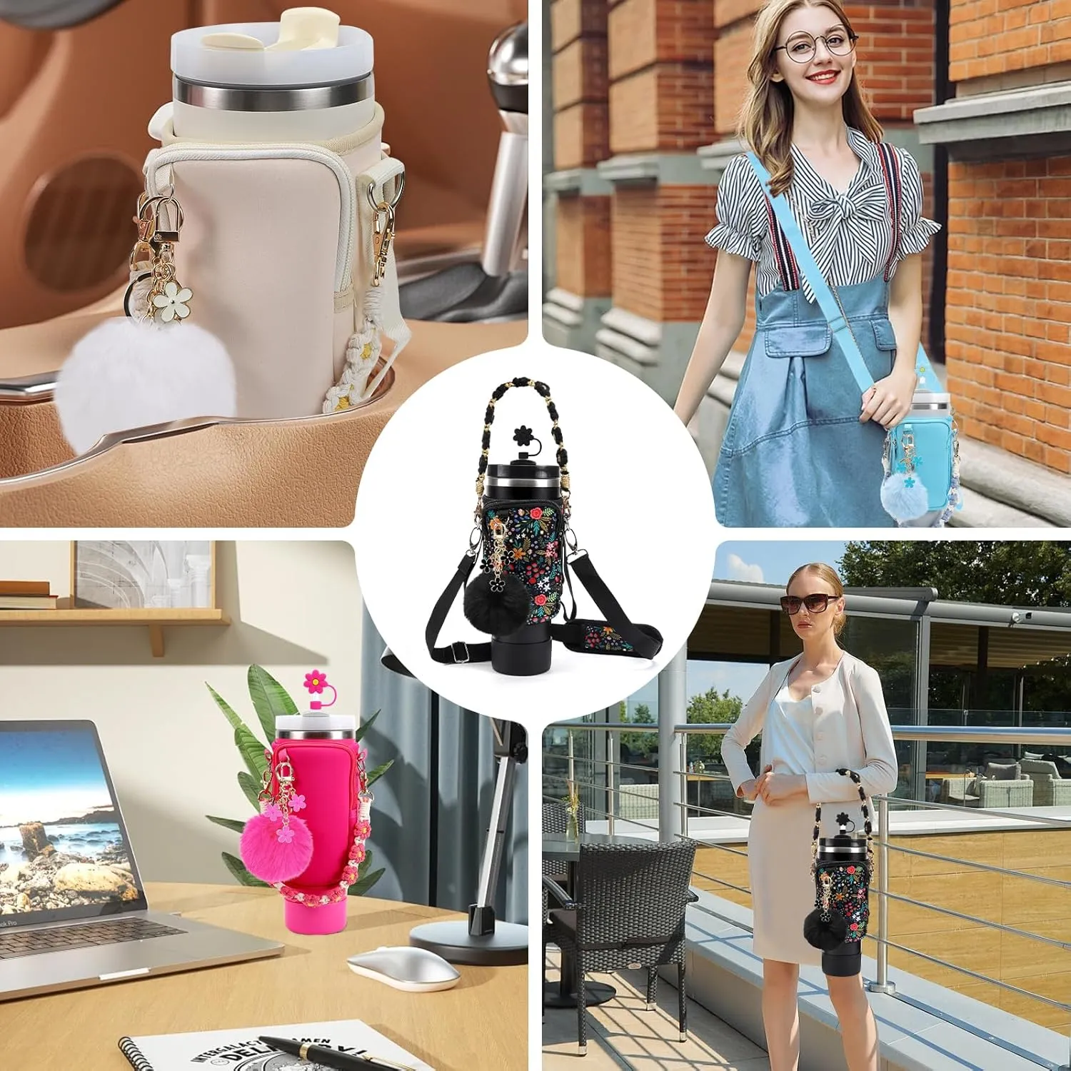 Stanley Cup Accessories Set Including Water Bottle Carrier Bag,Water Bottle Holder with Strap,Straw Cover,Stanley Charms,Silicone Boot for Stanley 40oz 30oz Tumbler