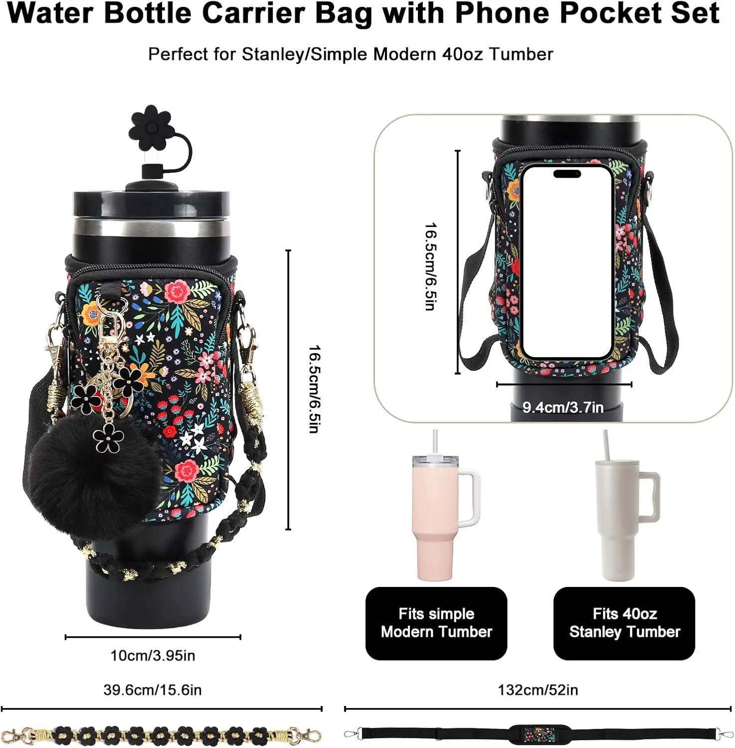 Stanley Cup Accessories Set Including Water Bottle Carrier Bag,Water Bottle Holder with Strap,Straw Cover,Stanley Charms,Silicone Boot for Stanley 40oz 30oz Tumbler