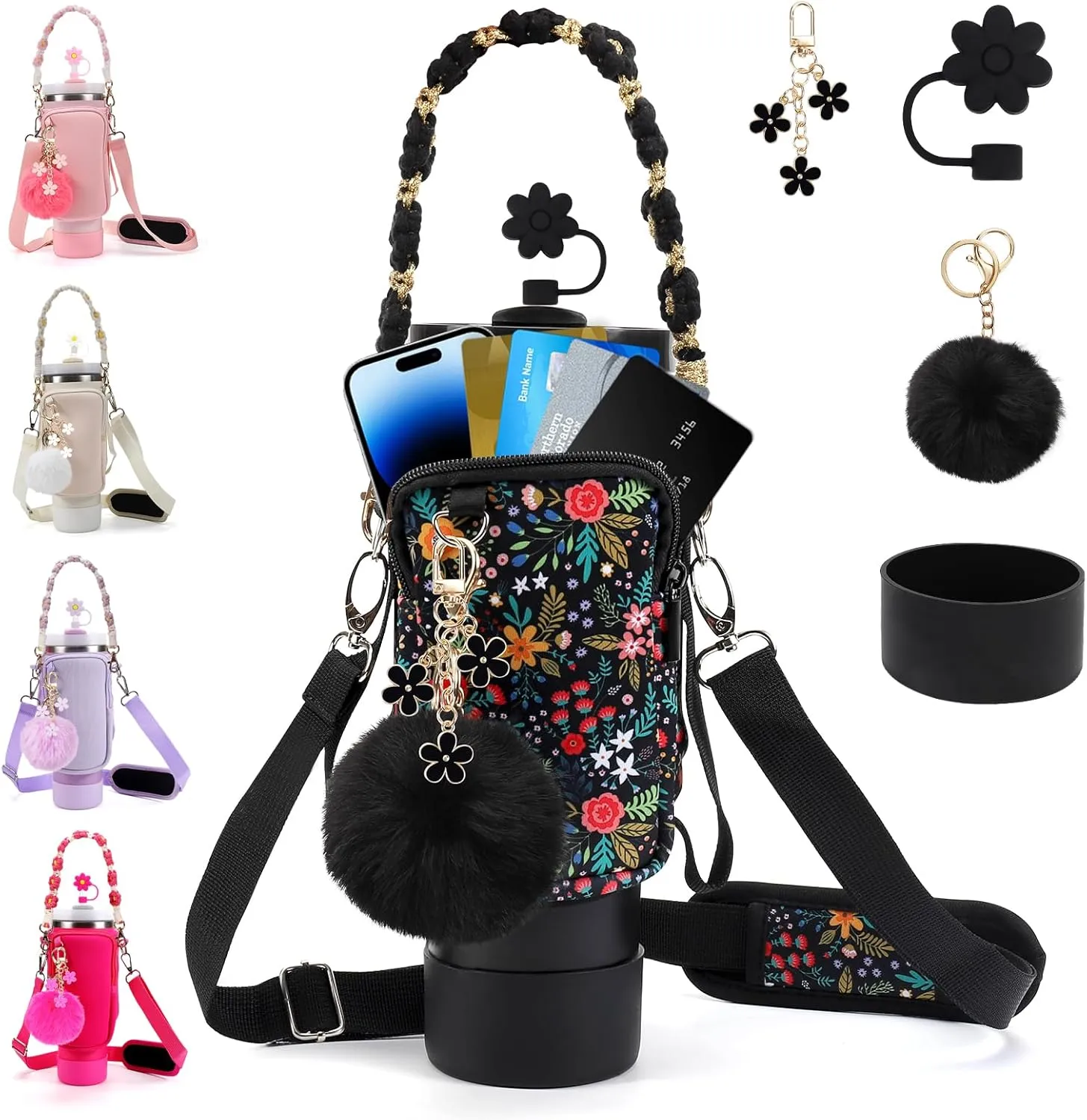 Stanley Cup Accessories Set Including Water Bottle Carrier Bag,Water Bottle Holder with Strap,Straw Cover,Stanley Charms,Silicone Boot for Stanley 40oz 30oz Tumbler