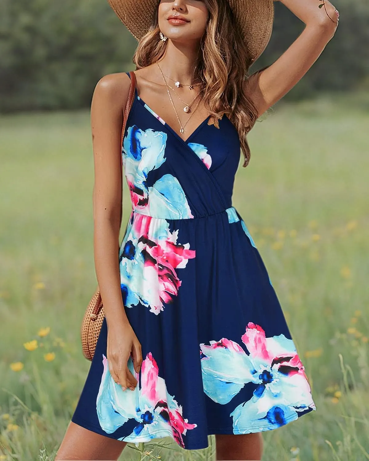STYLEWORD Womens Sundress Summer Floral Wrap V Neck Backless A-Line Casual Beach Midi Dress