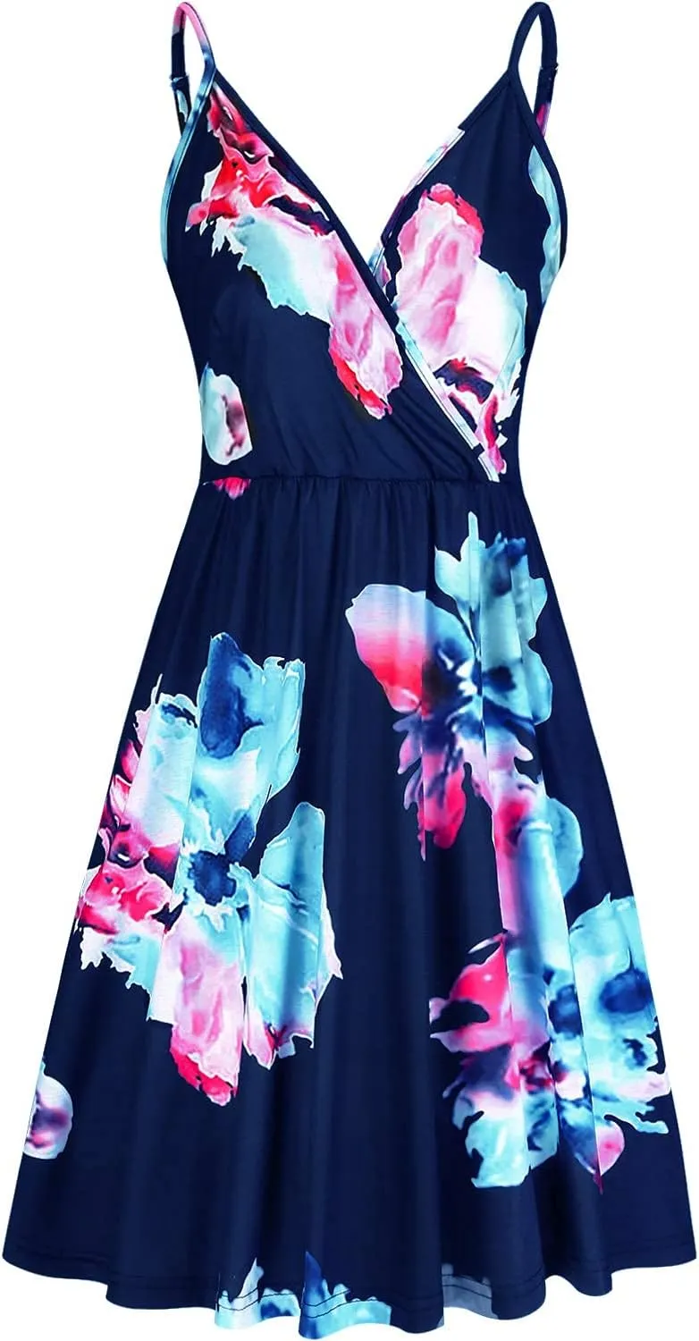 STYLEWORD Womens Sundress Summer Floral Wrap V Neck Backless A-Line Casual Beach Midi Dress