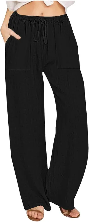 Summer Causal Pants for Women Trendy 2025 High Waisted Drawstring Lounge Trousers Flowy Boho Beach Pant Outfits