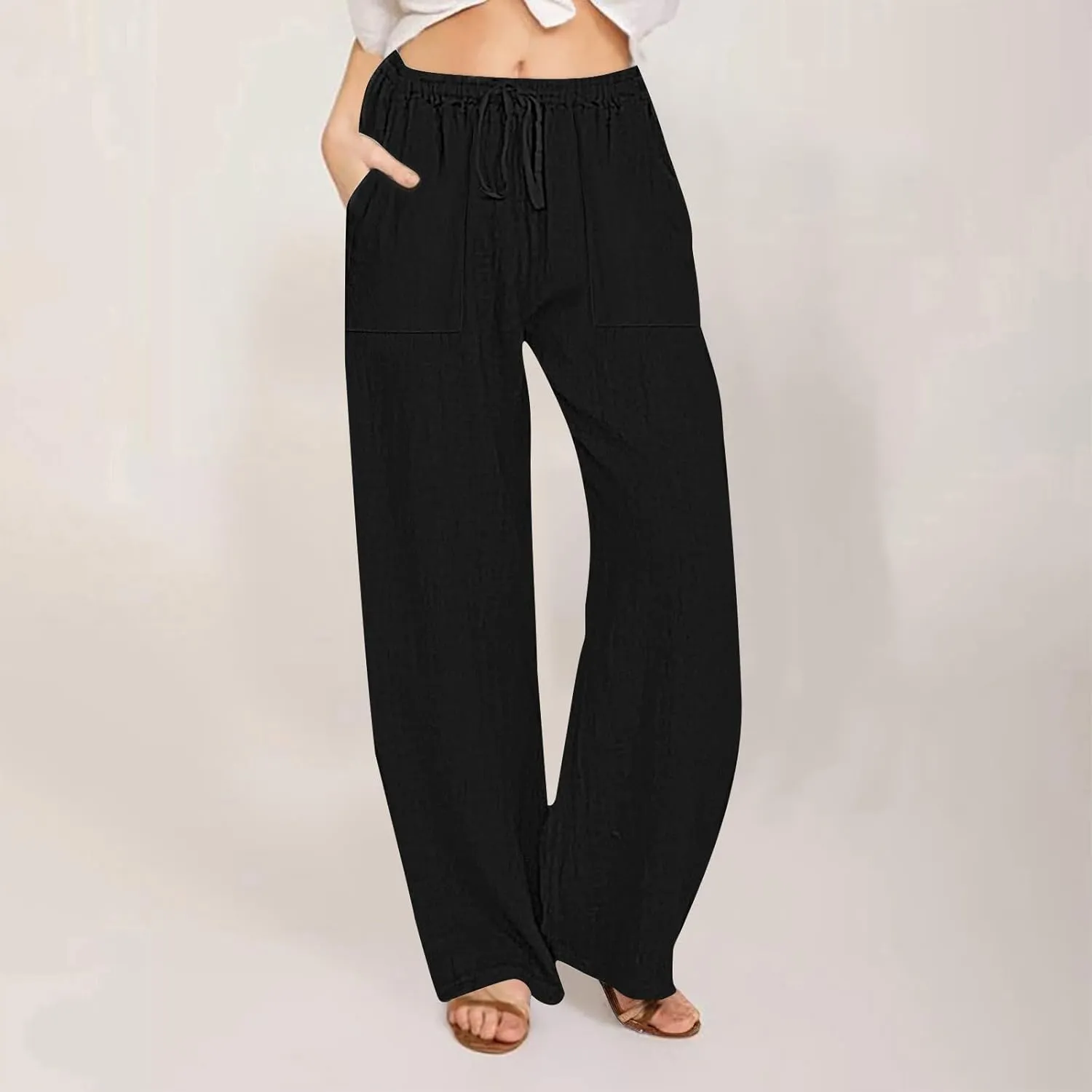 Summer Causal Pants for Women Trendy 2025 High Waisted Drawstring Lounge Trousers Flowy Boho Beach Pant Outfits