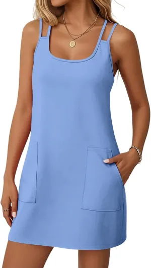 Summer Dresses for Women 2025 Sleeveless Spaghetti Strap Sexy Scoop Neck Tank Dress Casual Mini Sundress with Pocket