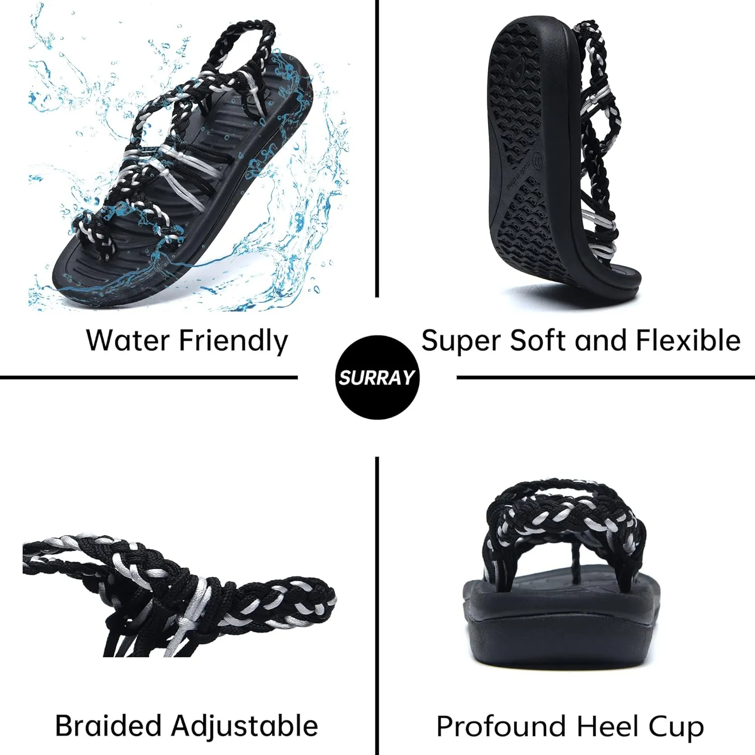 SURRAY Womens Summer Flat Sandals Comfortable Arch Support Walking Braided Beach Sandals, Size US 5-11