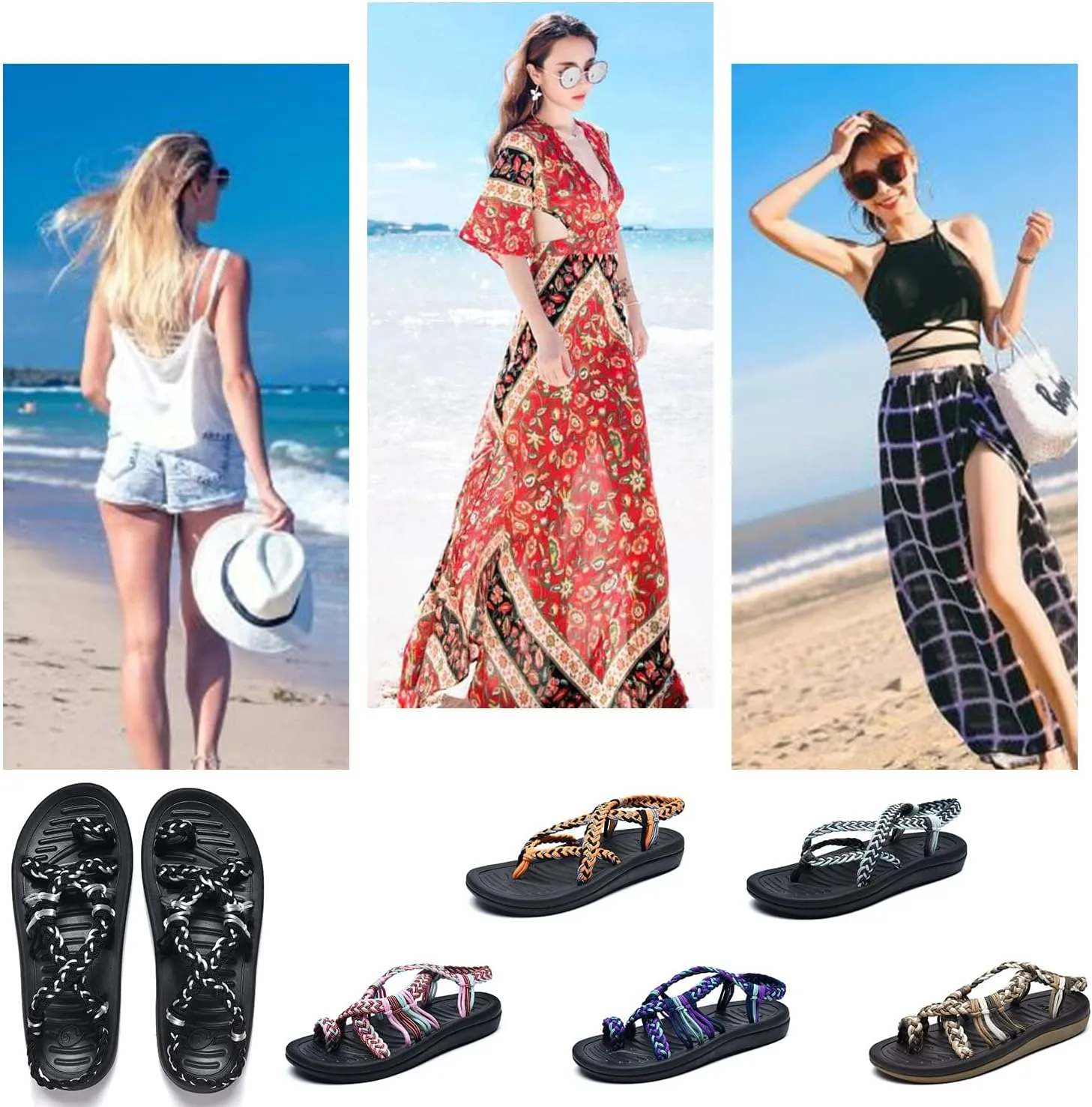 SURRAY Womens Summer Flat Sandals Comfortable Arch Support Walking Braided Beach Sandals, Size US 5-11