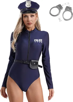Sywiyi Women Sexy Police Costume Halloween Dirty Cop Cosplay Outfits Policewomen Bodysuit with Belt Purse Hat Cuffs