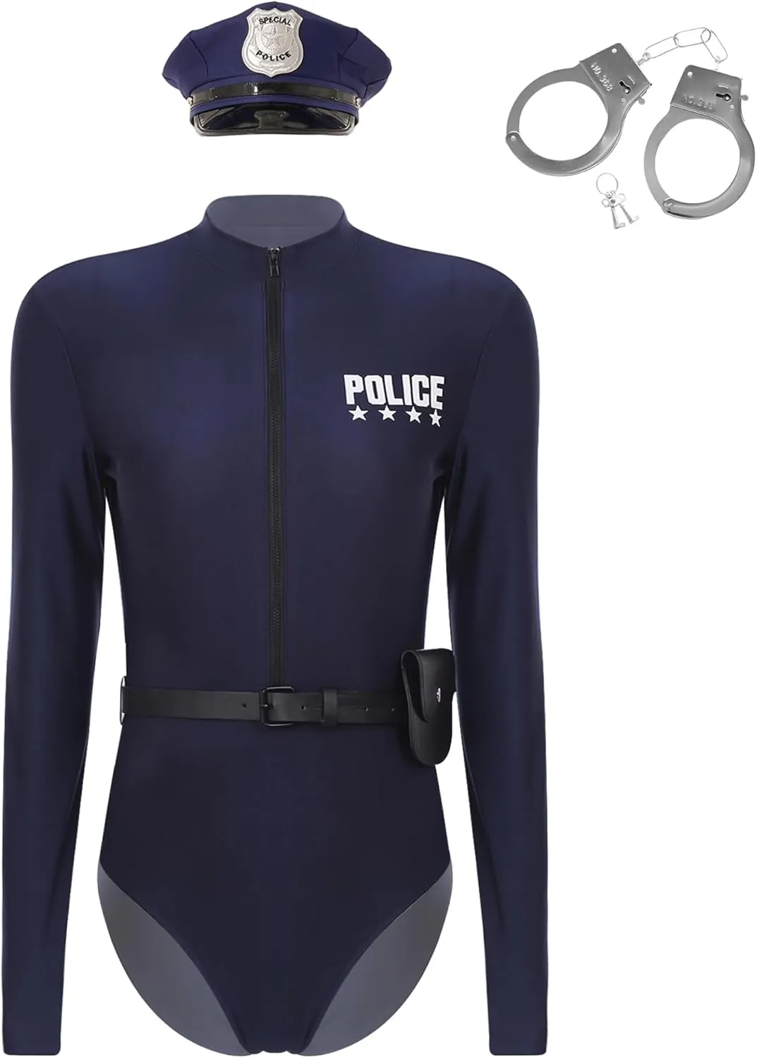 Sywiyi Women Sexy Police Costume Halloween Dirty Cop Cosplay Outfits Policewomen Bodysuit with Belt Purse Hat Cuffs
