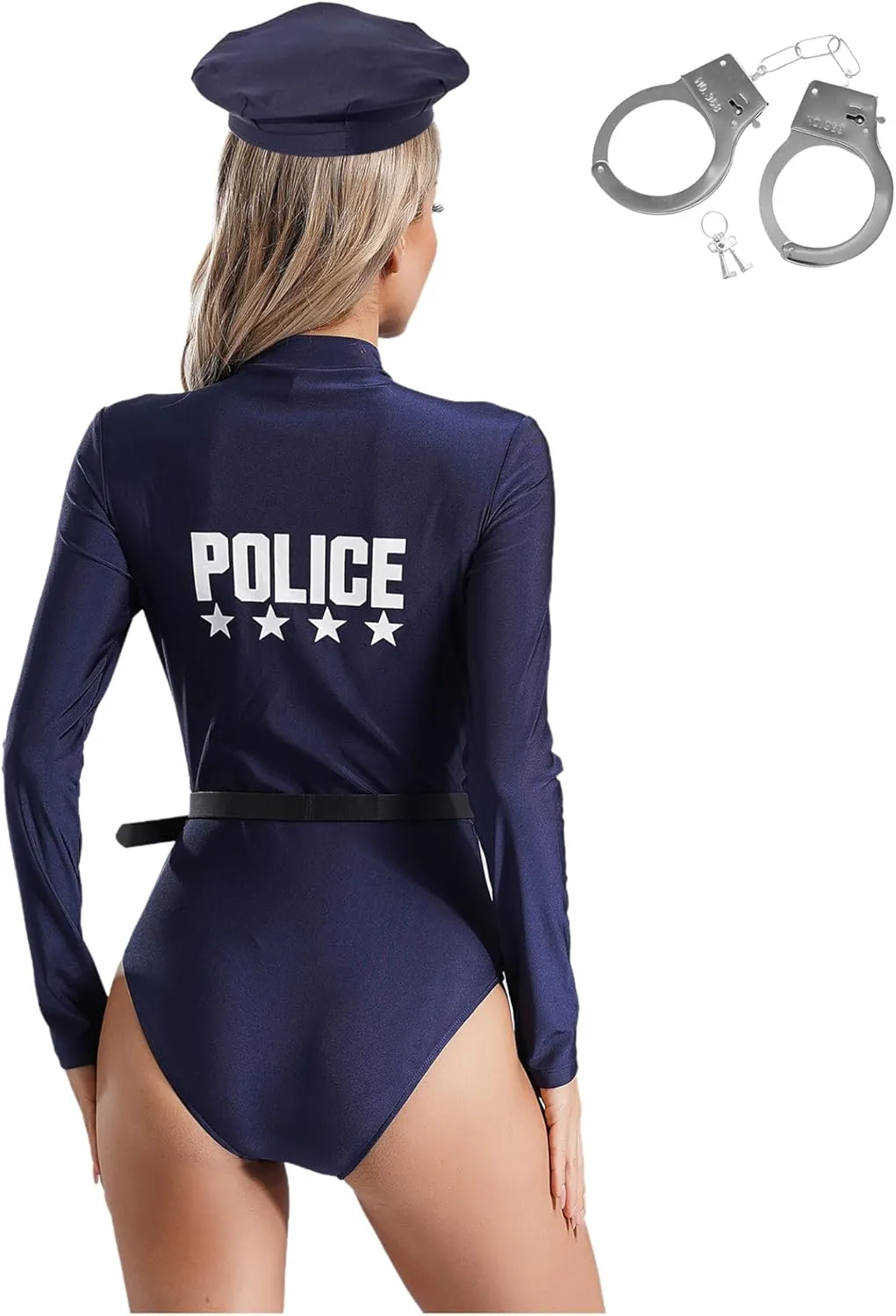 Sywiyi Women Sexy Police Costume Halloween Dirty Cop Cosplay Outfits Policewomen Bodysuit with Belt Purse Hat Cuffs