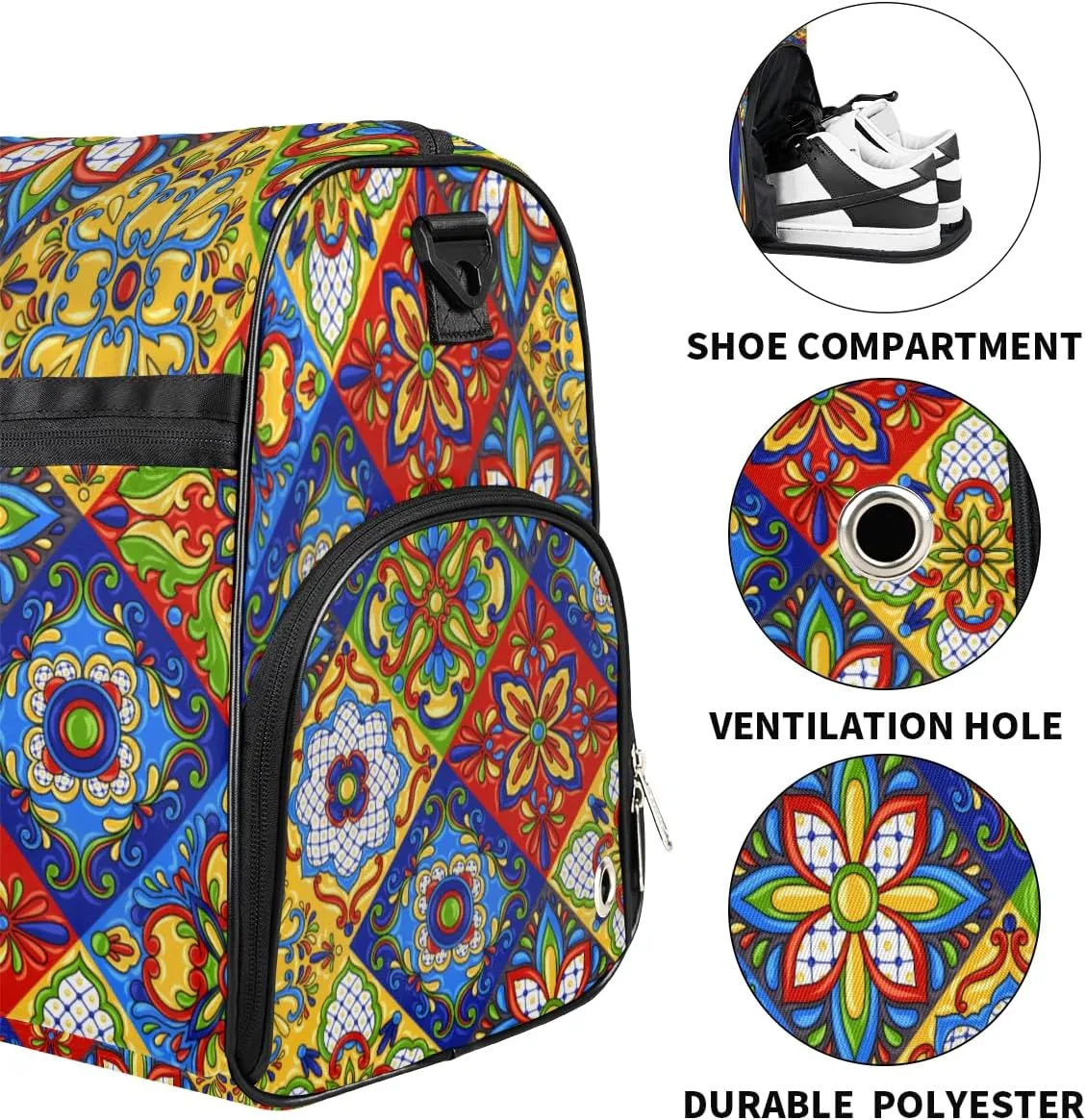 Talavera Travel Duffel Bag, Mexican Talavera Bird Sports Tote Gym Bag with Wet Pocket & Shoes Compartment Foldable Weekender Bag Workout Bag Carry on Luggage Handle Bag Overnight Bag for Women Men