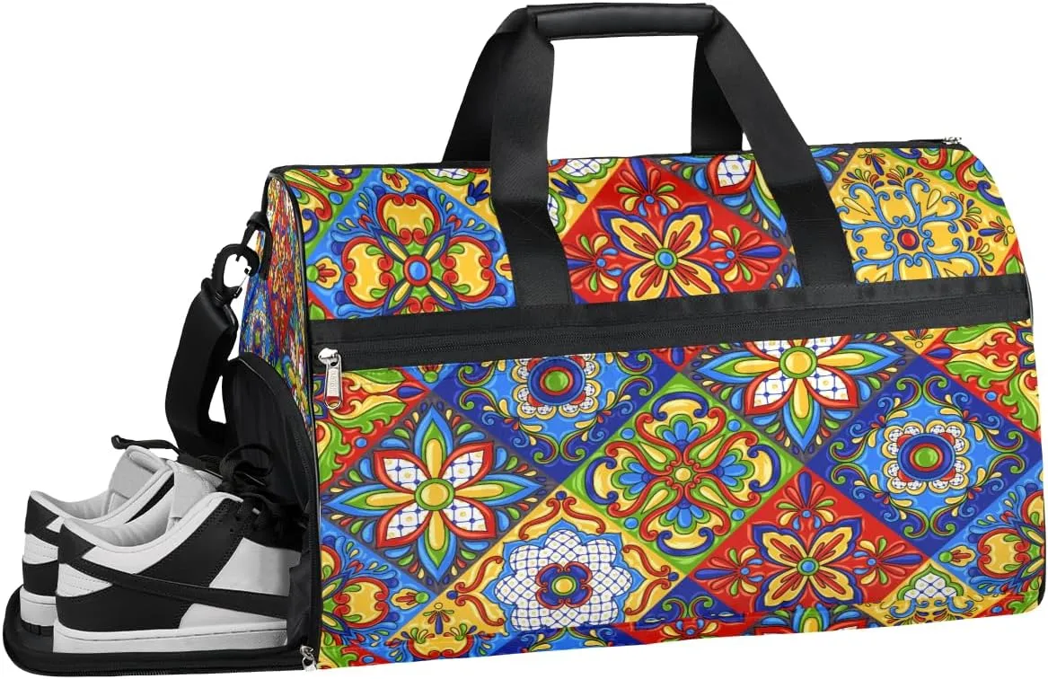 Talavera Travel Duffel Bag, Mexican Talavera Bird Sports Tote Gym Bag with Wet Pocket & Shoes Compartment Foldable Weekender Bag Workout Bag Carry on Luggage Handle Bag Overnight Bag for Women Men