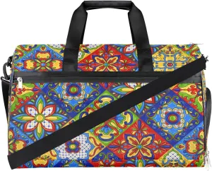 Talavera Travel Duffel Bag, Mexican Talavera Bird Sports Tote Gym Bag with Wet Pocket & Shoes Compartment Foldable Weekender Bag Workout Bag Carry on Luggage Handle Bag Overnight Bag for Women Men