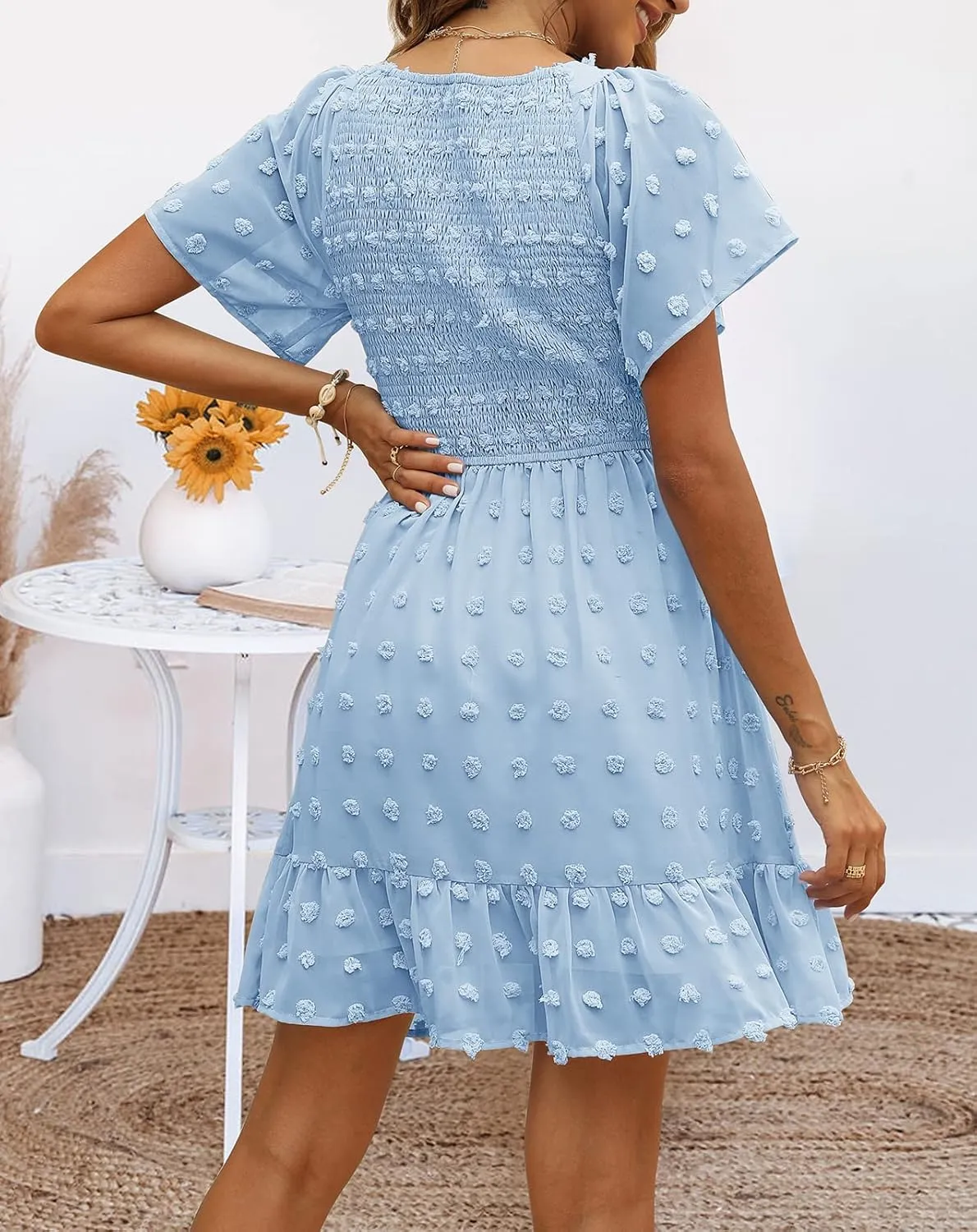 TECREW Womens Smocked Short Sleeve V Neck Mini Dress Summer Swiss Dot Flowy Short Dress
