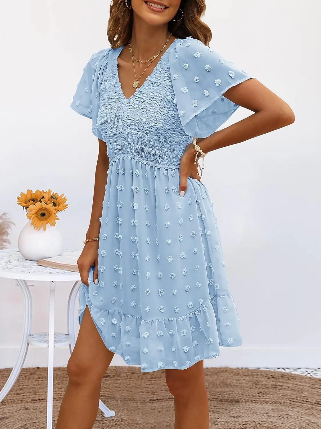 TECREW Womens Smocked Short Sleeve V Neck Mini Dress Summer Swiss Dot Flowy Short Dress