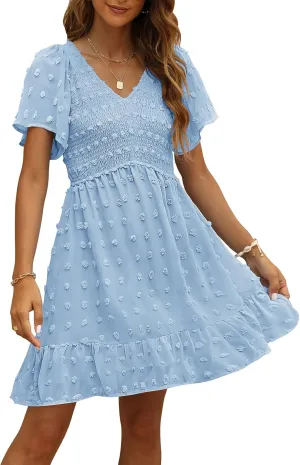 TECREW Womens Smocked Short Sleeve V Neck Mini Dress Summer Swiss Dot Flowy Short Dress