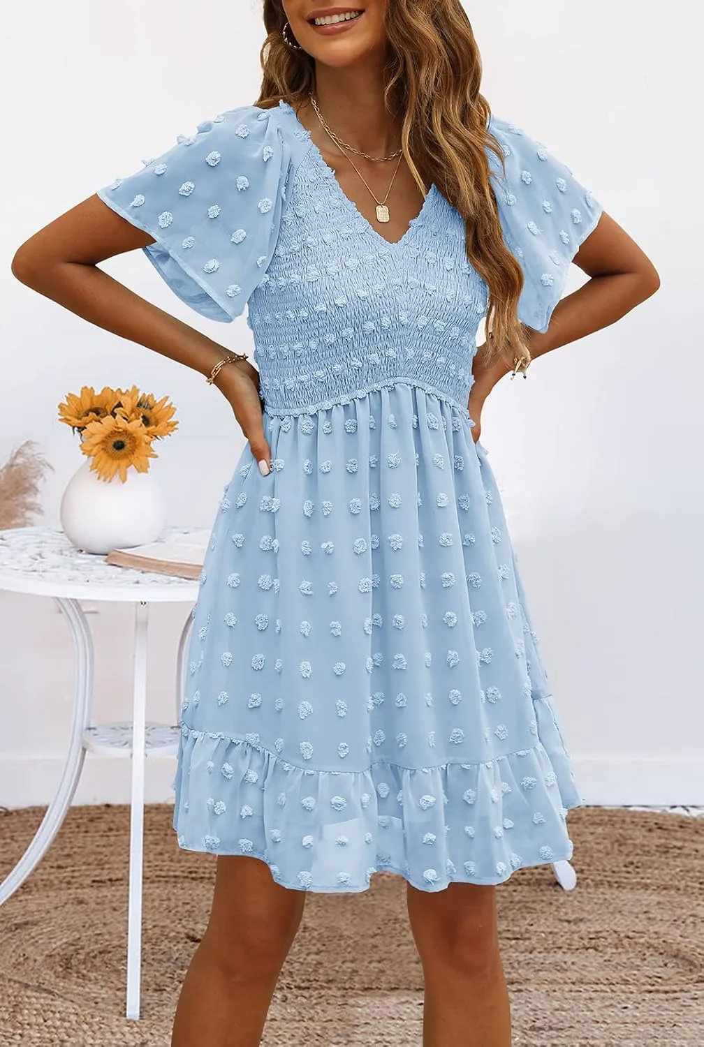 TECREW Womens Smocked Short Sleeve V Neck Mini Dress Summer Swiss Dot Flowy Short Dress